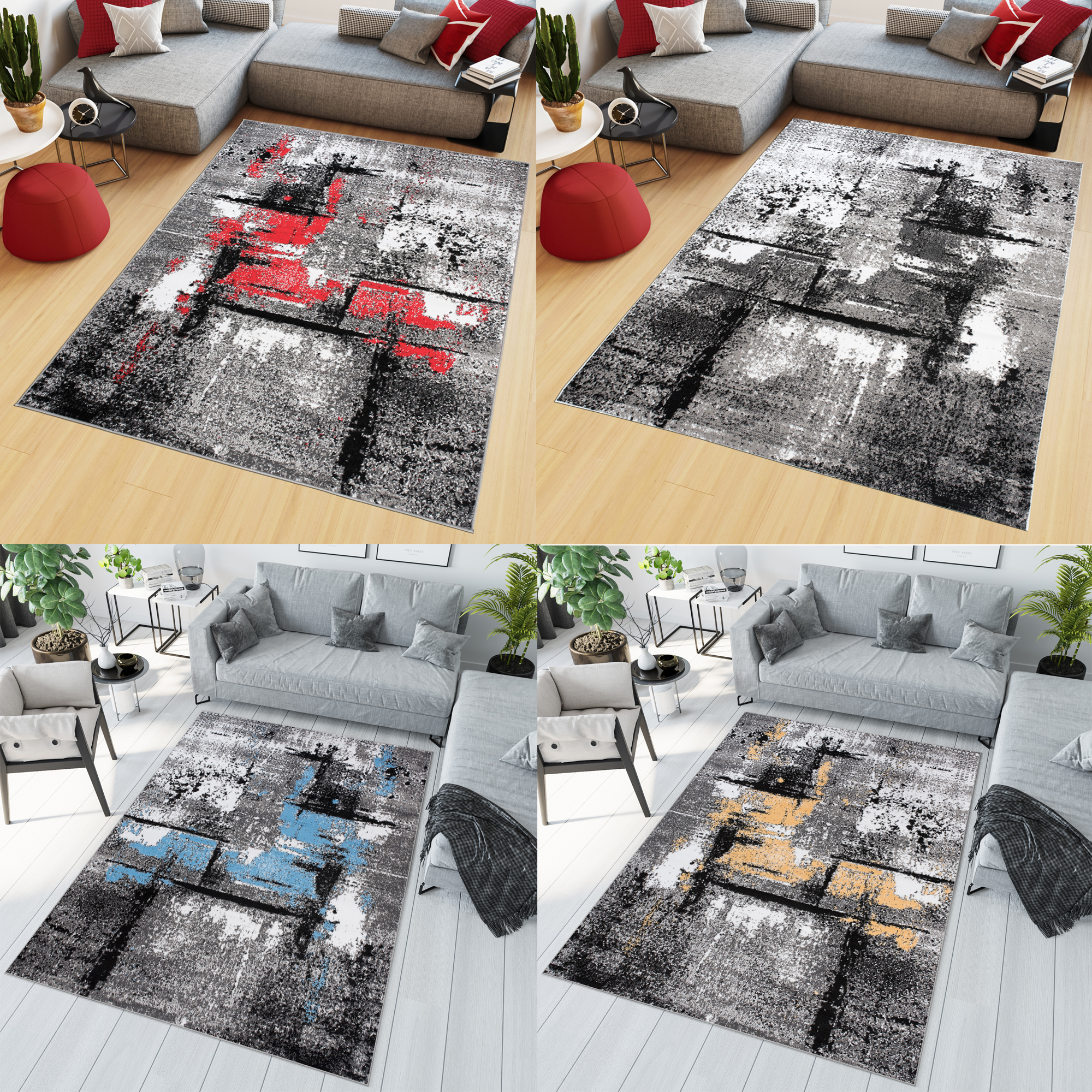 Teppich Kurzflor Modern Grau Creme Rot Gelb Streifen Design Meliert  Wohnzimmer | eBay