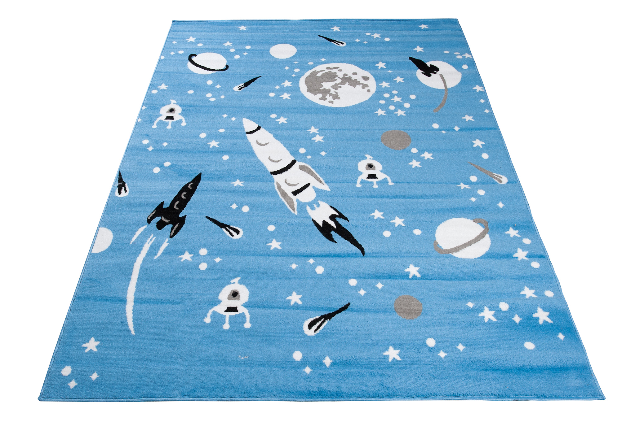 Alfombra infantil de pelo corto espacio patrón cohetes azul gris habitación infantil guardería - Imagen 8 de 9