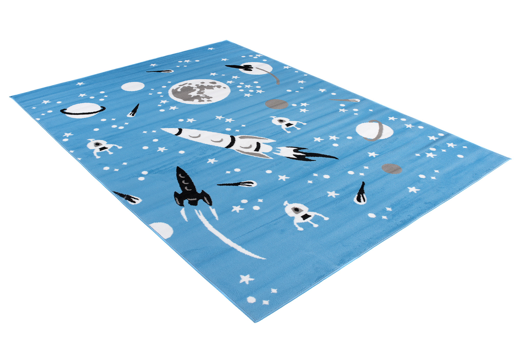 Alfombra infantil de pelo corto espacio patrón cohetes azul gris habitación infantil guardería - Imagen 9 de 9