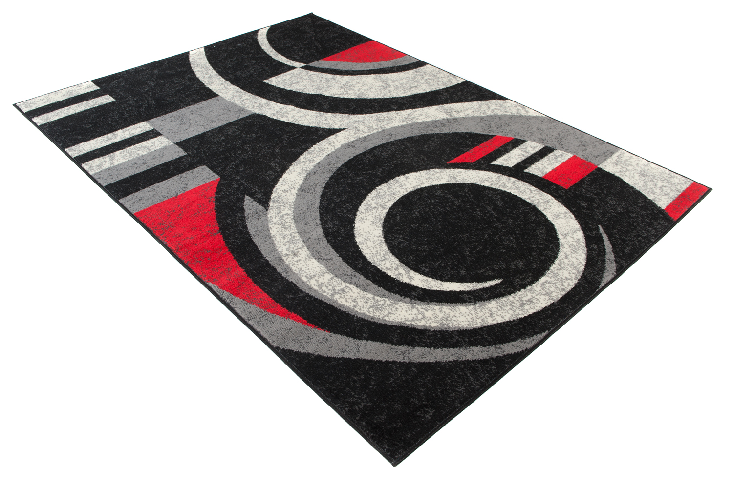 Alfombra moderna de pelo corto negro gris rojo rayas abstractas salón diseño - Imagen 9 de 9