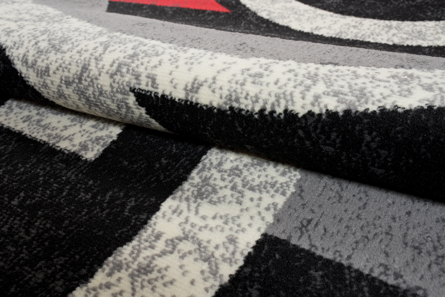 Alfombra moderna de pelo corto negro gris rojo rayas abstractas salón diseño - Imagen 7 de 9