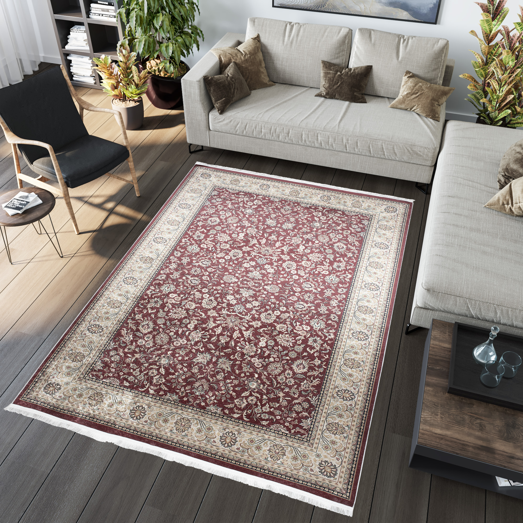 Alfombra clásica motivo floral pelo corto lavable antideslizante flecos salón - Imagen 2 de 13
