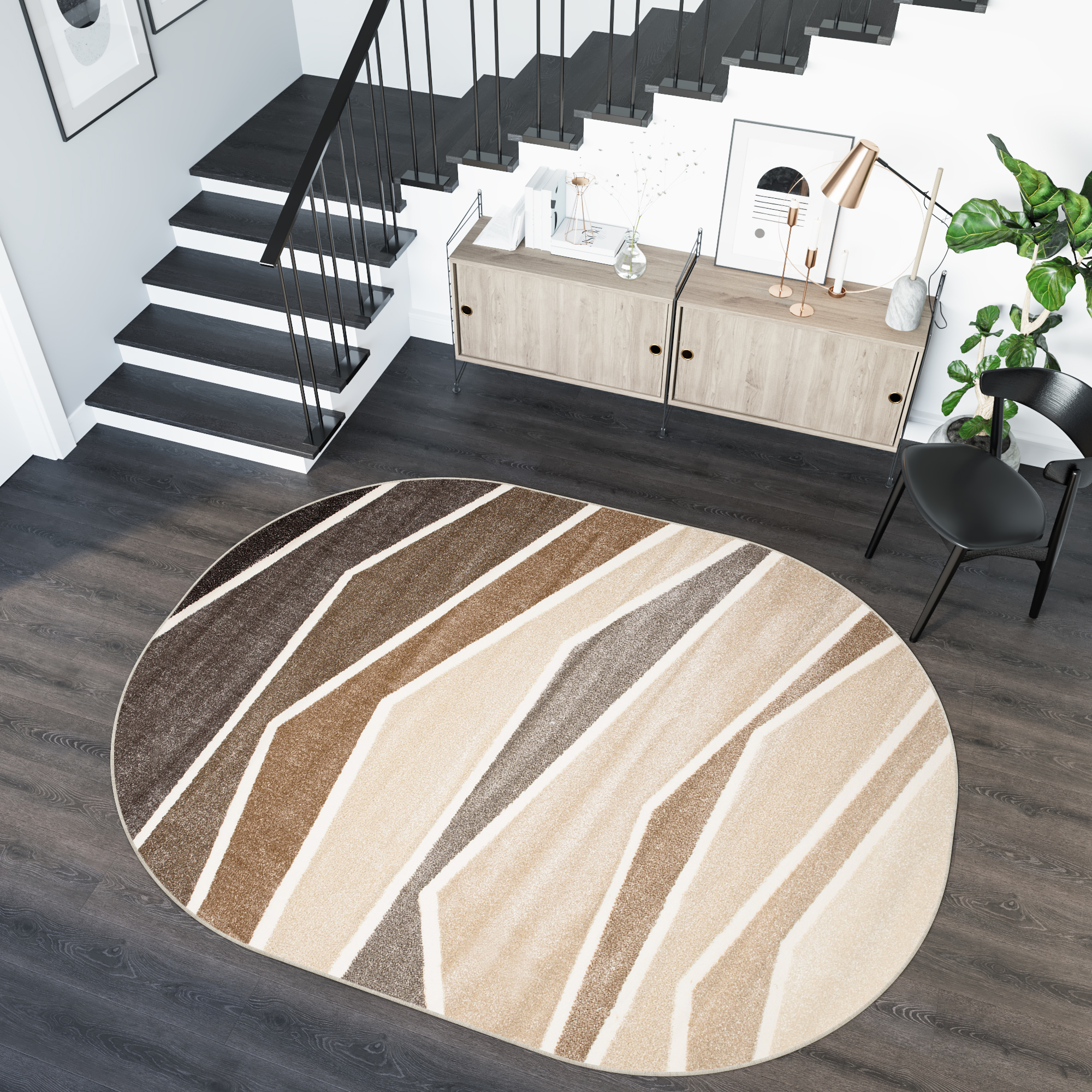 Teppich Modern Kurzflor Braun Beige Streifen Geometrisch Wohnzimmer Schlafzimmer 