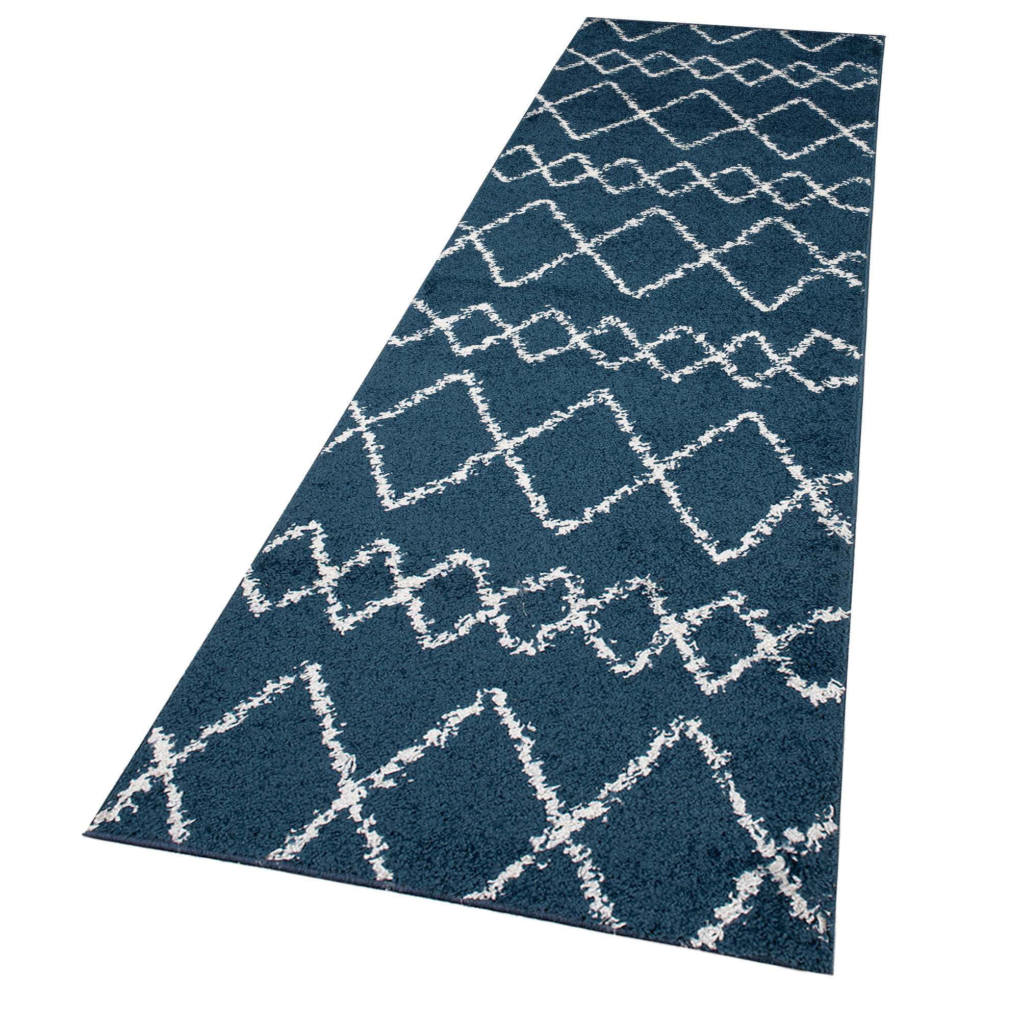 Corredor de alfombras de flor alta peluda azul oscuro crema ZigZag Boho suave salón - Imagen 10 de 12