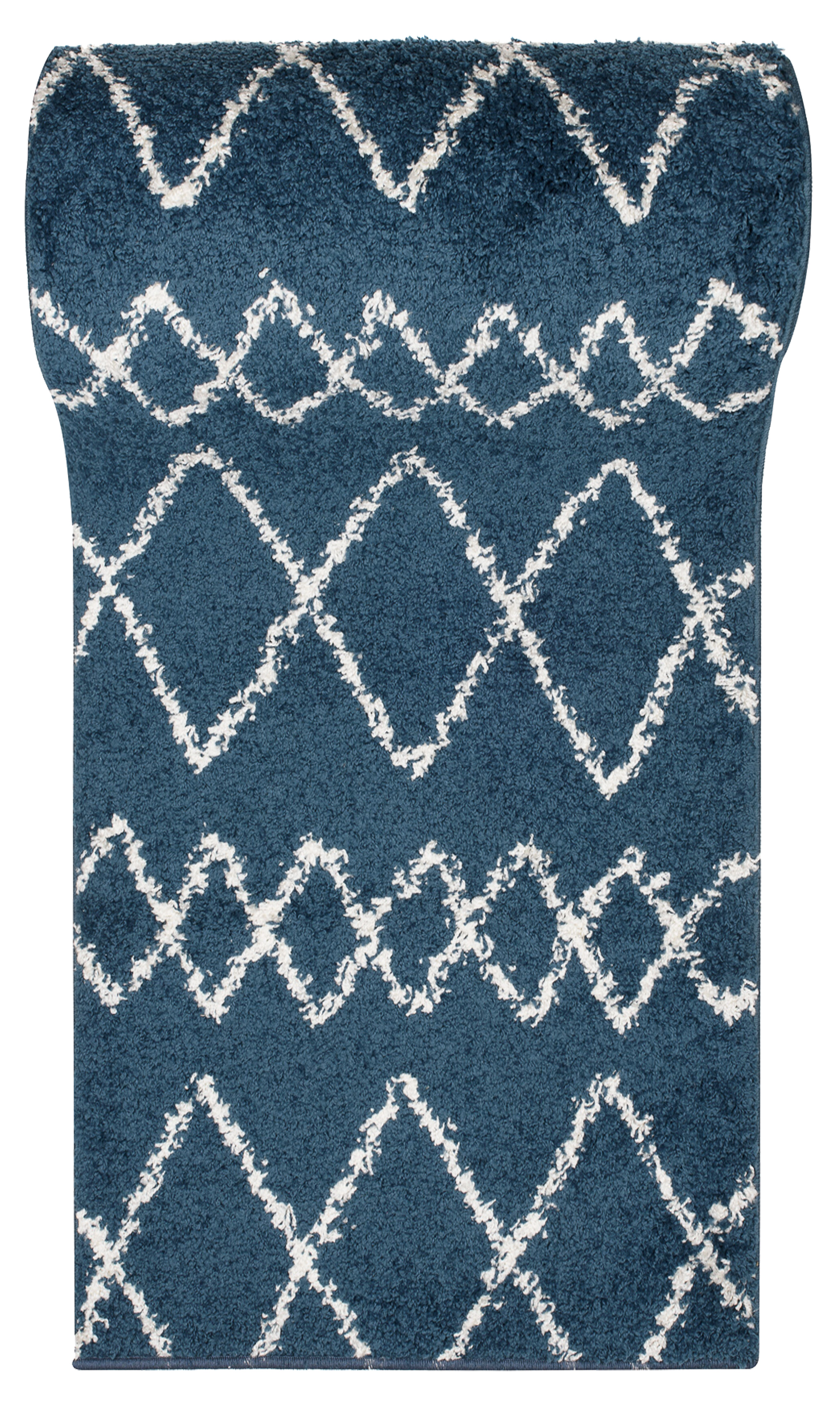 Corredor de alfombras de flor alta peluda azul oscuro crema ZigZag Boho suave salón - Imagen 9 de 12