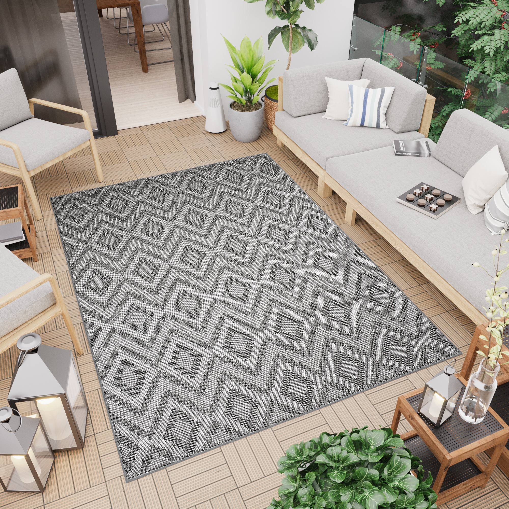 Alfombra exterior tela plana aspecto sisal gris balcón terraza interior resistente a la intemperie - Imagen 42 de 61