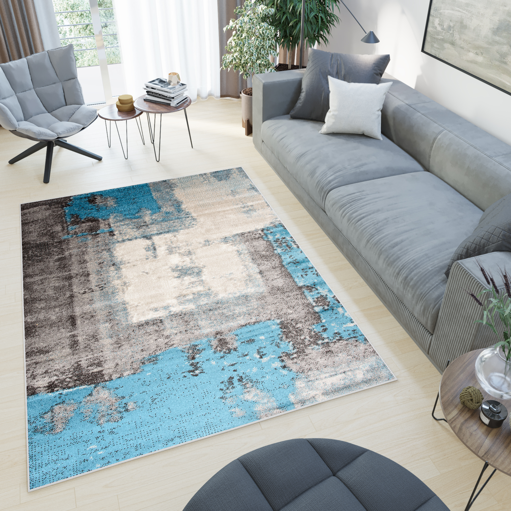 Teppich Kurzflor Beige Weiß Blau Modern Wohnzimmer Design NEU