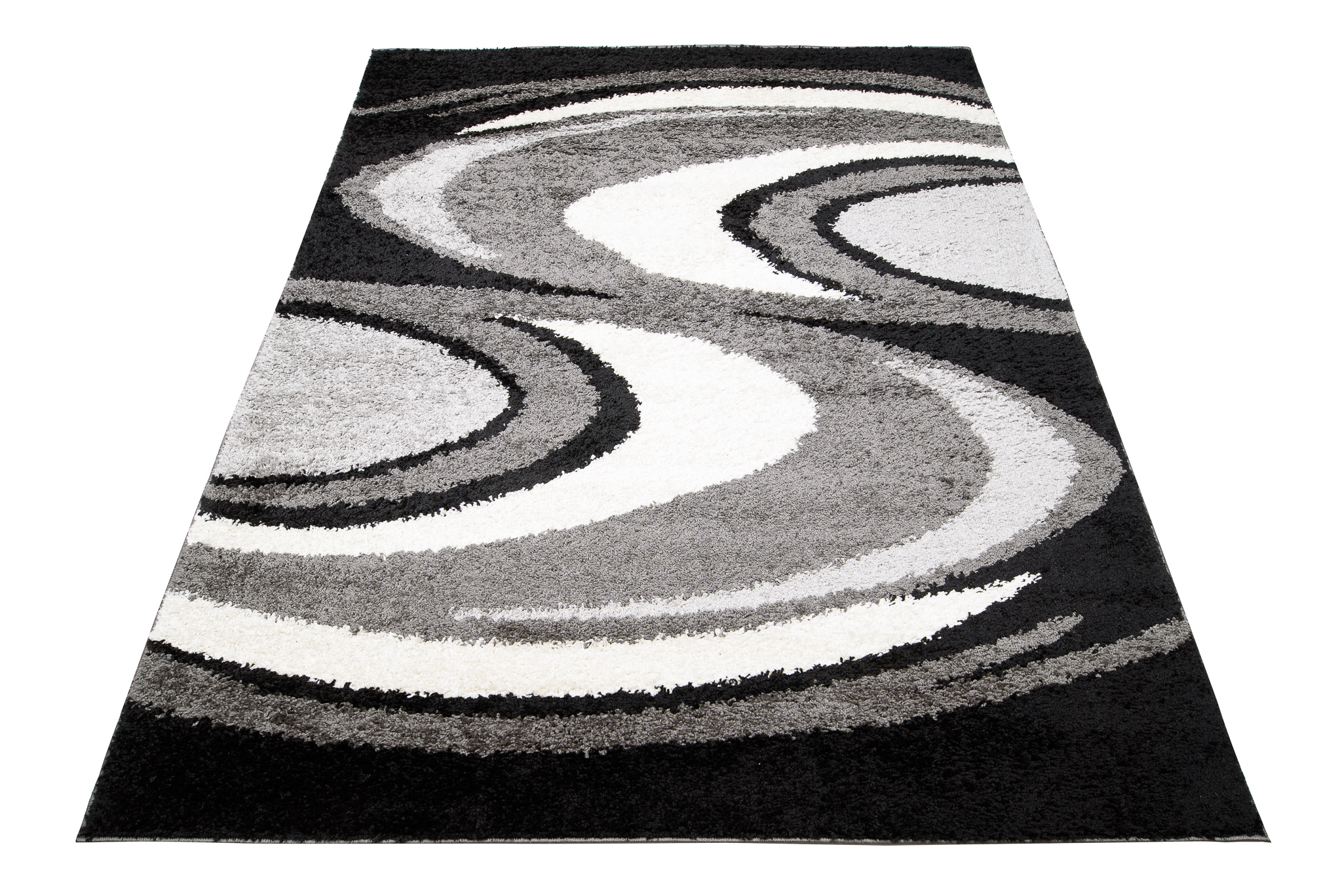 Alfombra de flor larga peluda abstracta gris negro ondas patrón salón ECOTEX - Imagen 19 de 21