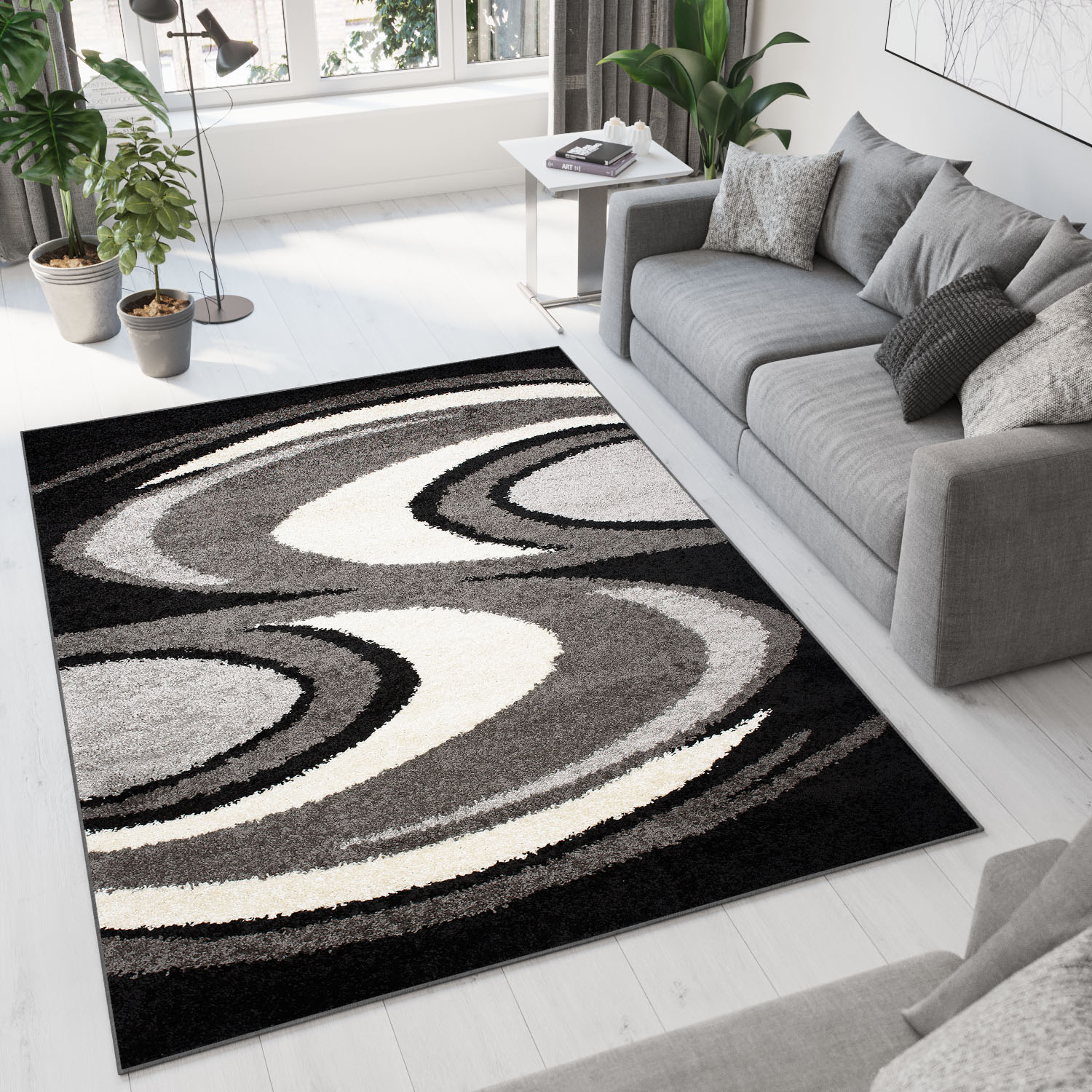 Alfombra de flor larga peluda abstracta gris negro ondas patrón salón ECOTEX - Imagen 12 de 21
