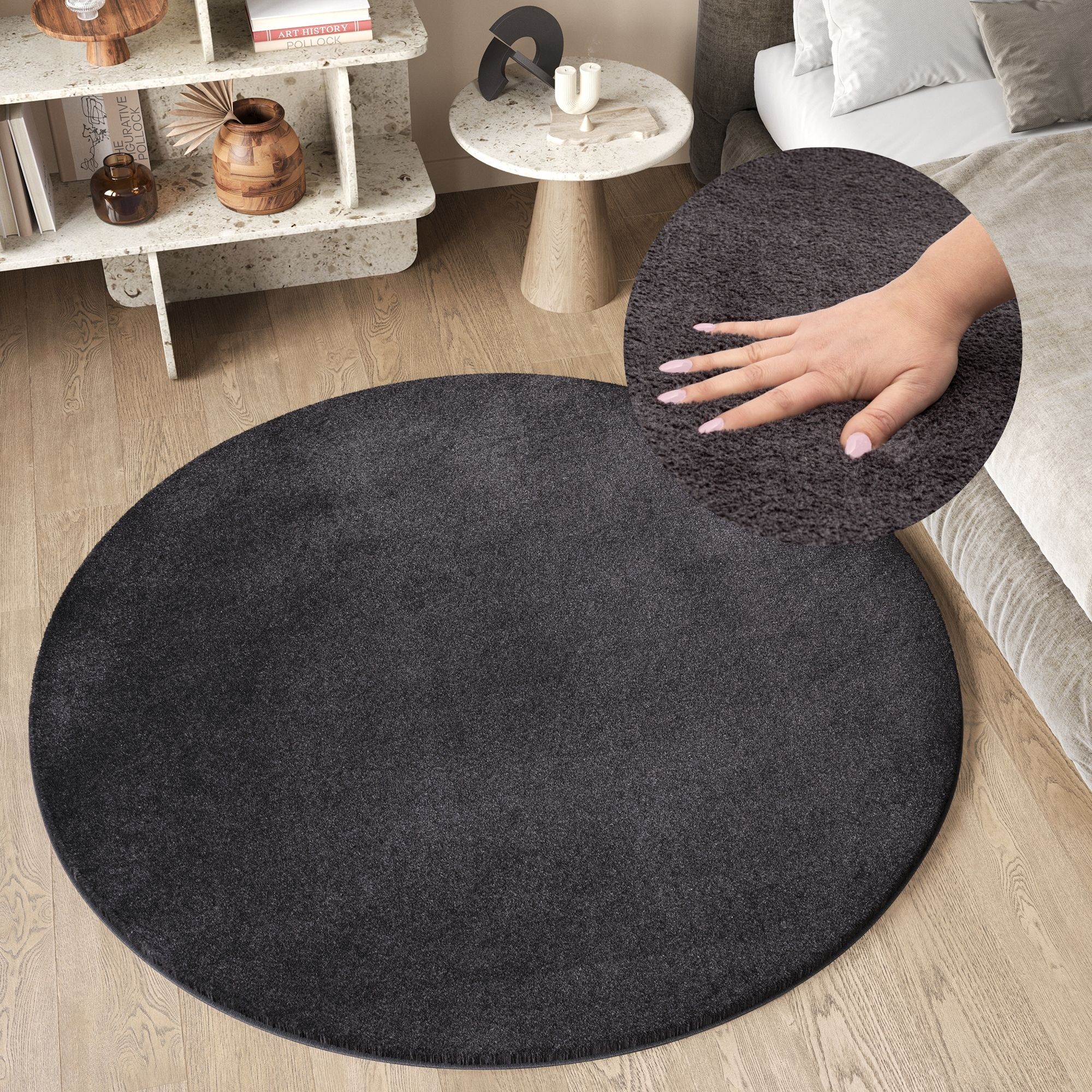 Alfombra Redonda Monocromática Beige Lavable Antideslizante Moderna Salón Dormitorio - Imagen 9 de 22