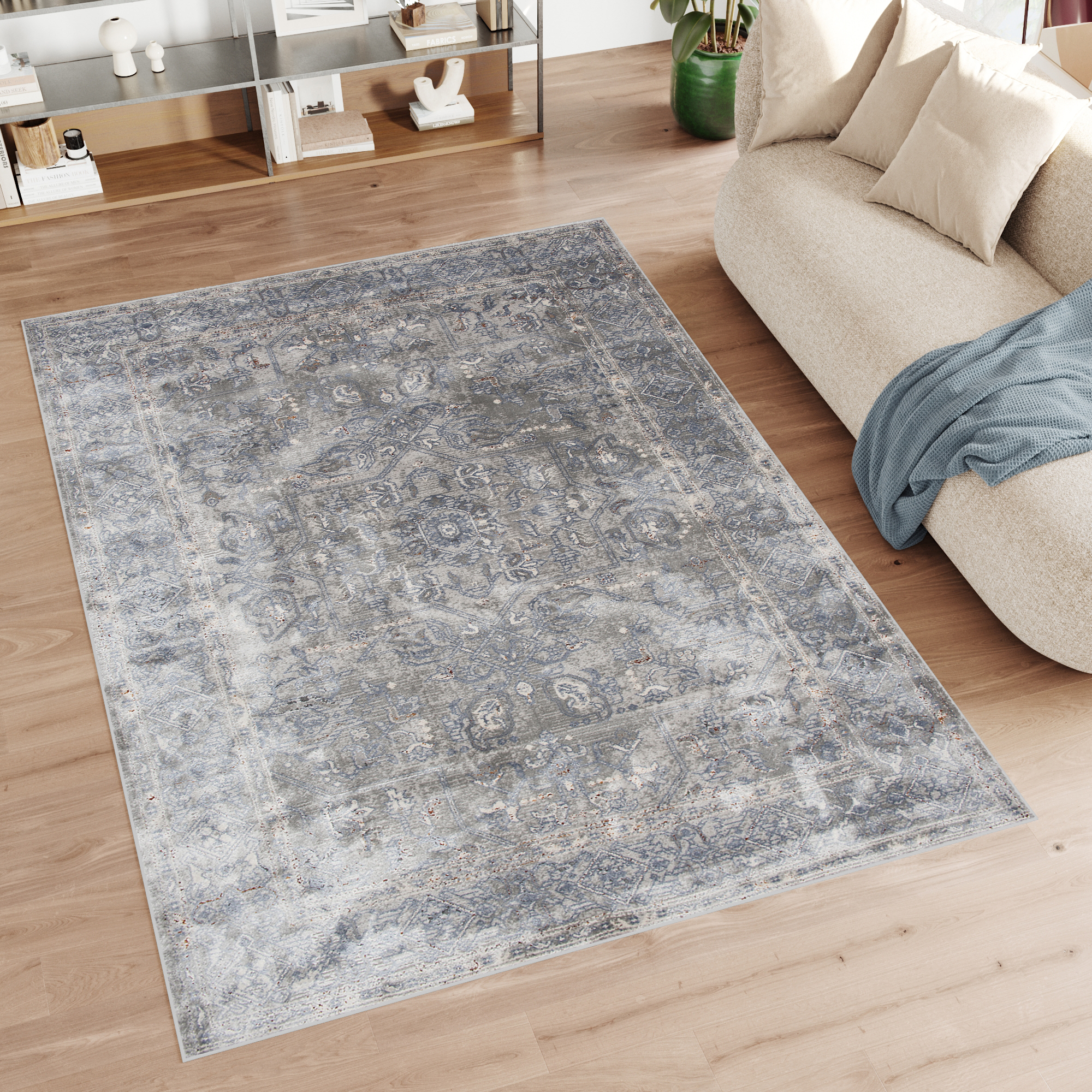 Alfombra clásica salón piso corto flores adornos gris crema ÖKOTEX - Imagen 12 de 57