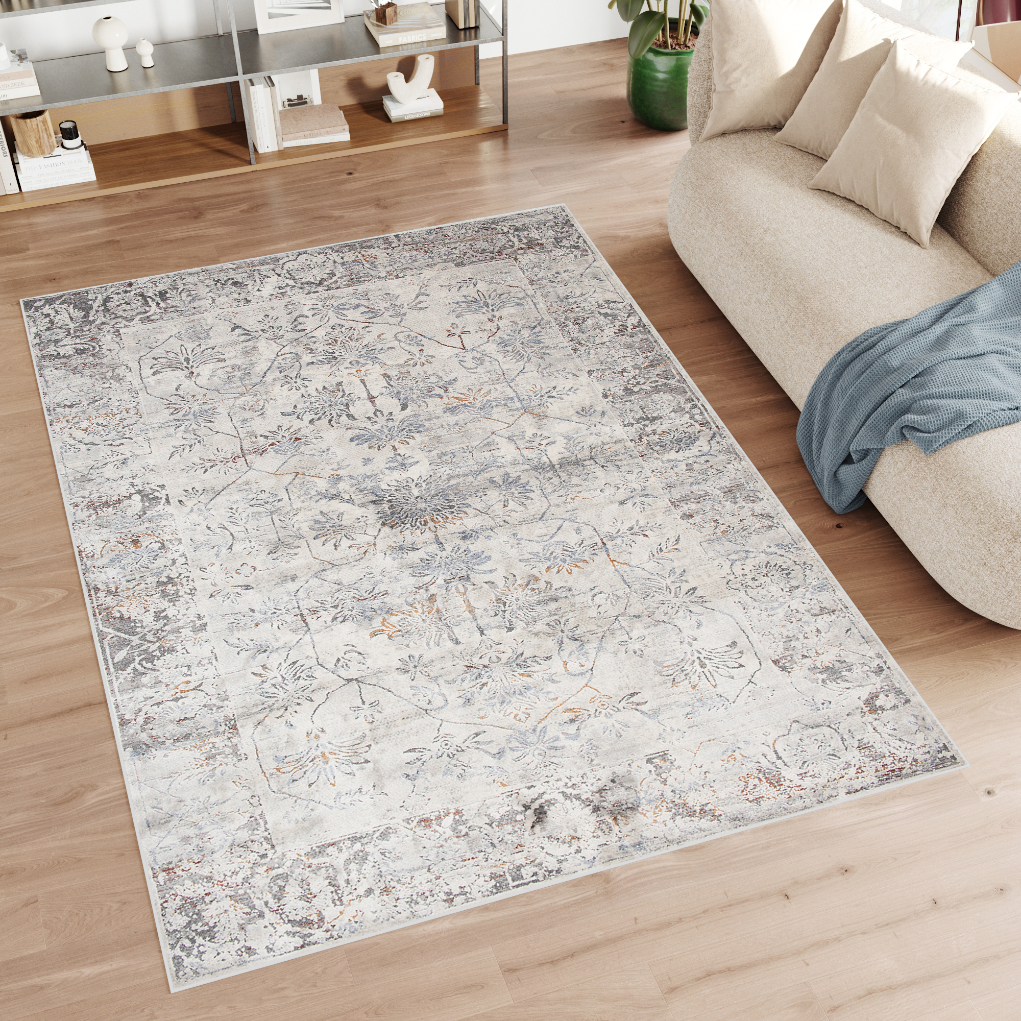 Alfombra clásica salón piso corto flores adornos gris crema ÖKOTEX - Imagen 22 de 57