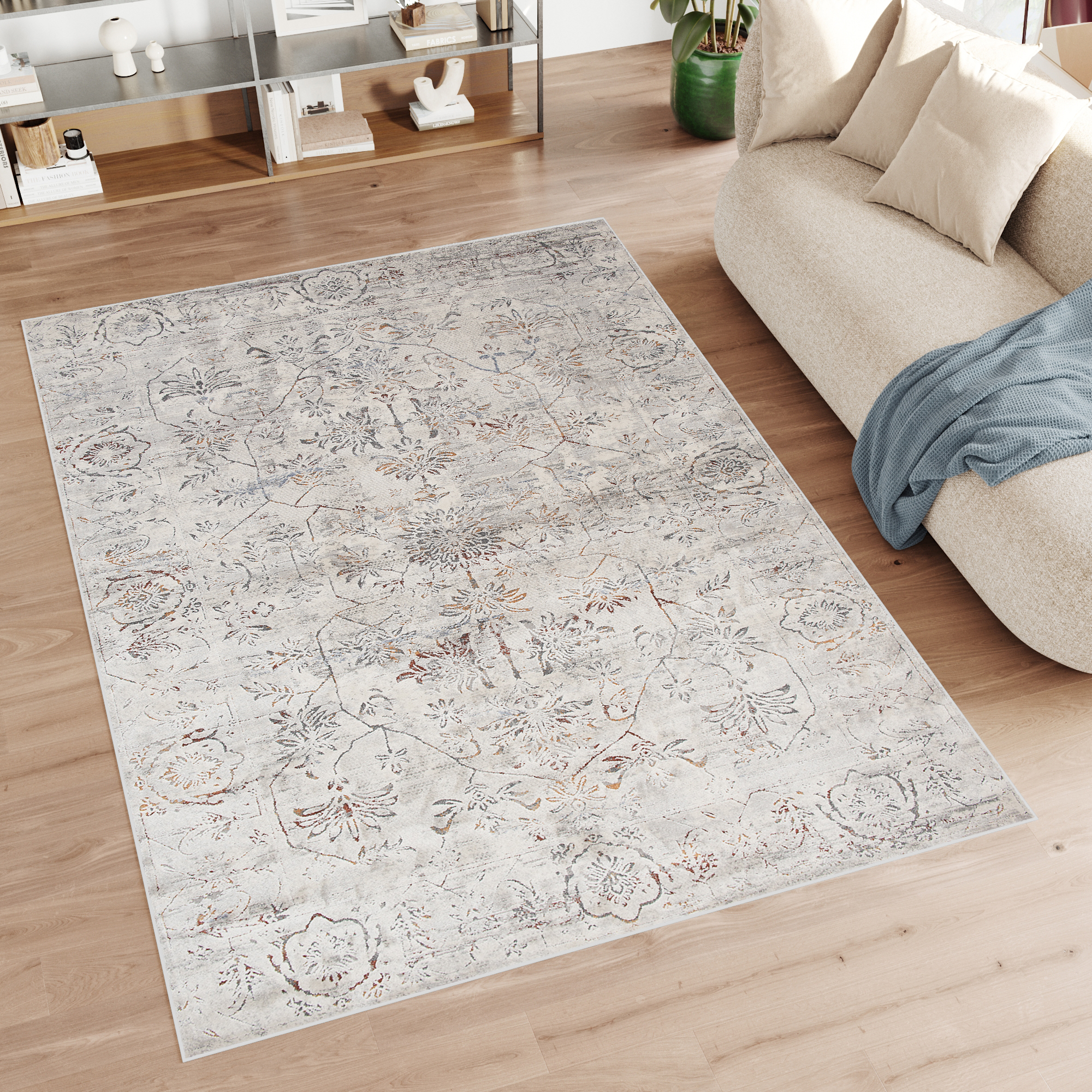 Alfombra clásica salón piso corto flores adornos gris crema ÖKOTEX - Imagen 31 de 57