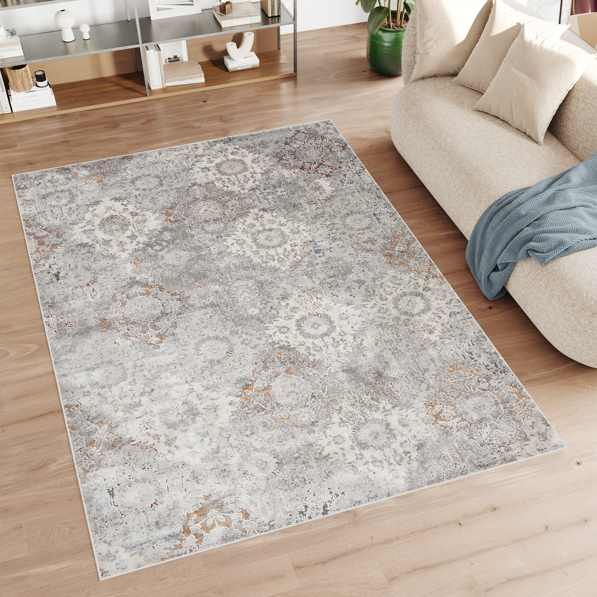 Alfombra clásica salón piso corto flores adornos gris crema ÖKOTEX - Imagen 40 de 57