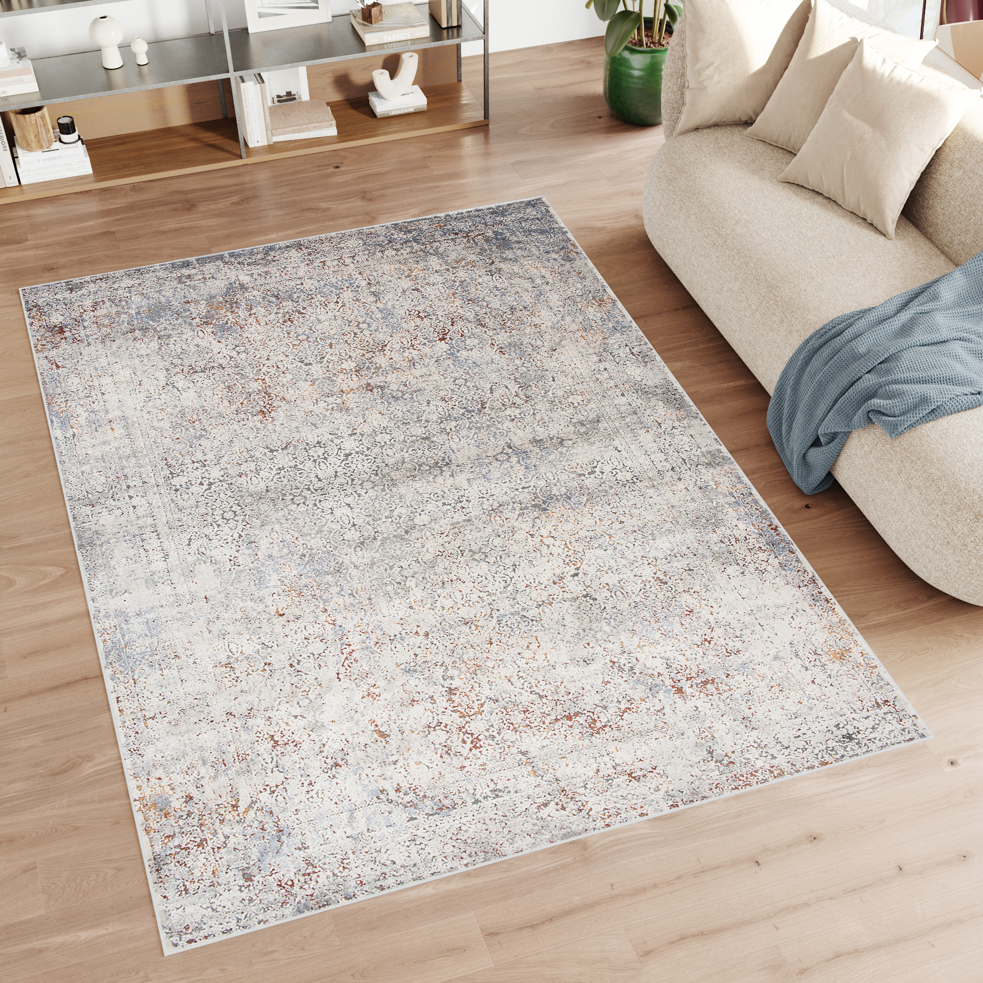 Alfombra clásica salón piso corto flores adornos gris crema ÖKOTEX - Imagen 49 de 57