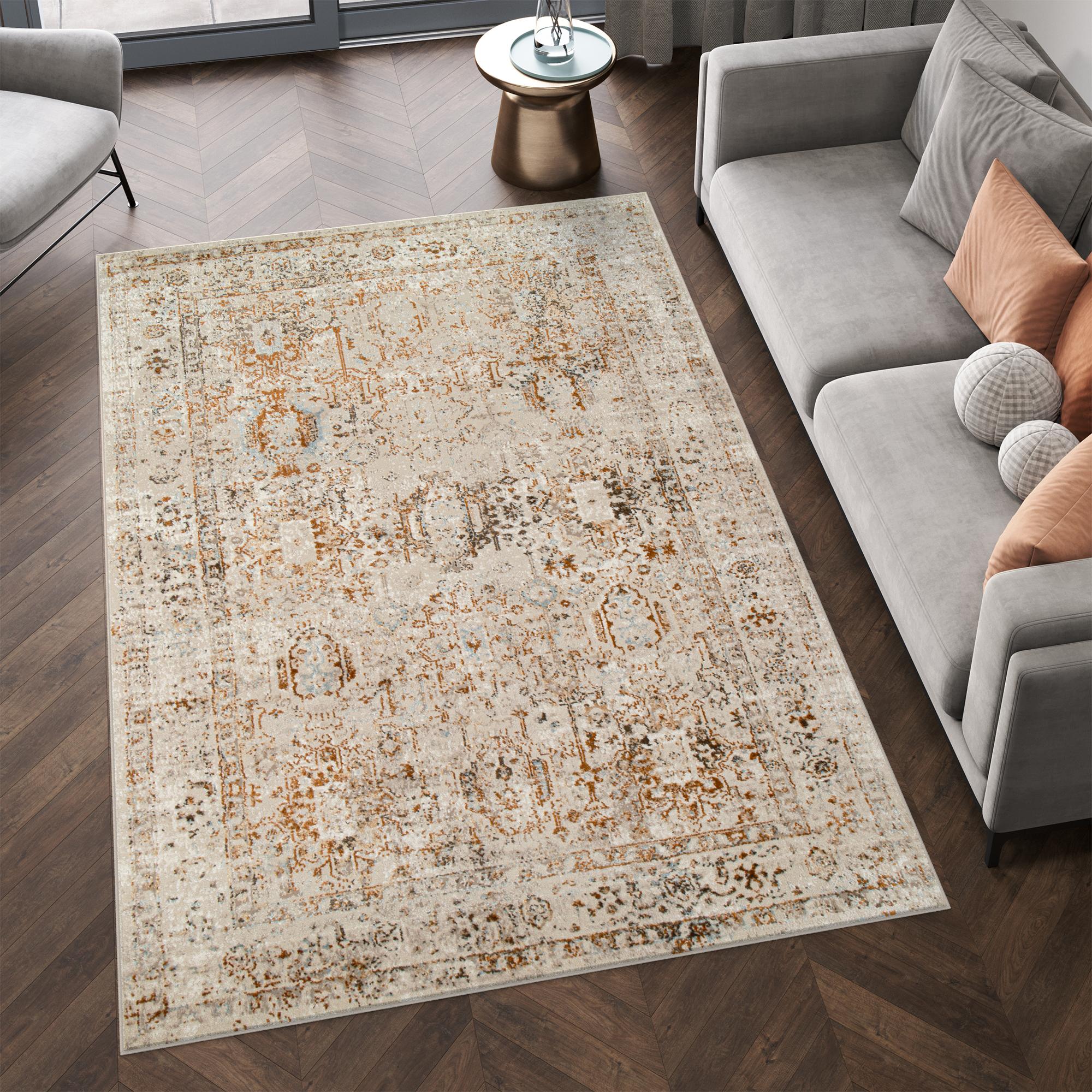 Alfombra de pelo corto clásico patrón floral adorno beige gris salón ECOTEX - Imagen 2 de 33