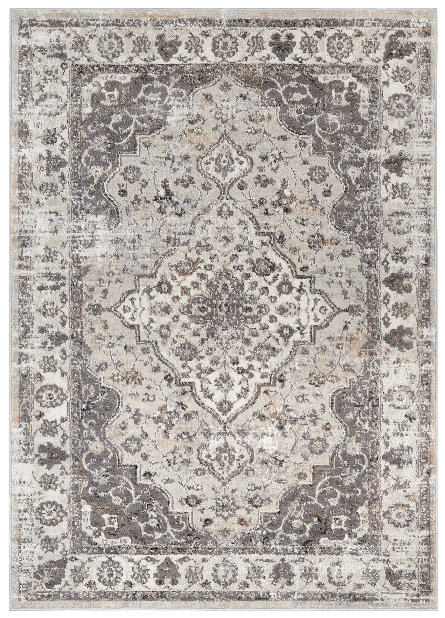 Alfombra salón de pelo corto clásico vintage gris crema flores orientales - Imagen 13 de 30