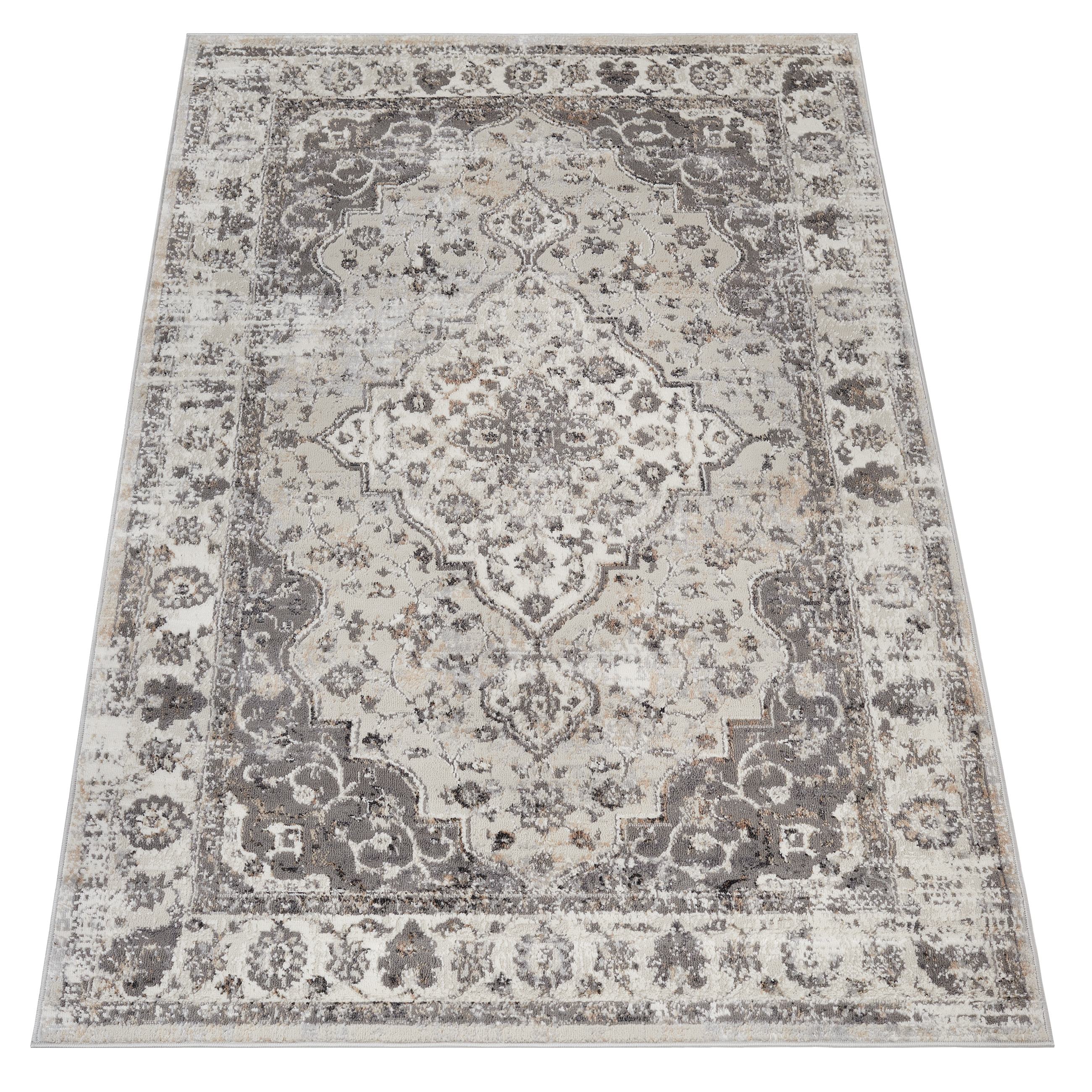 Alfombra salón de pelo corto clásico vintage gris crema flores orientales - Imagen 19 de 30