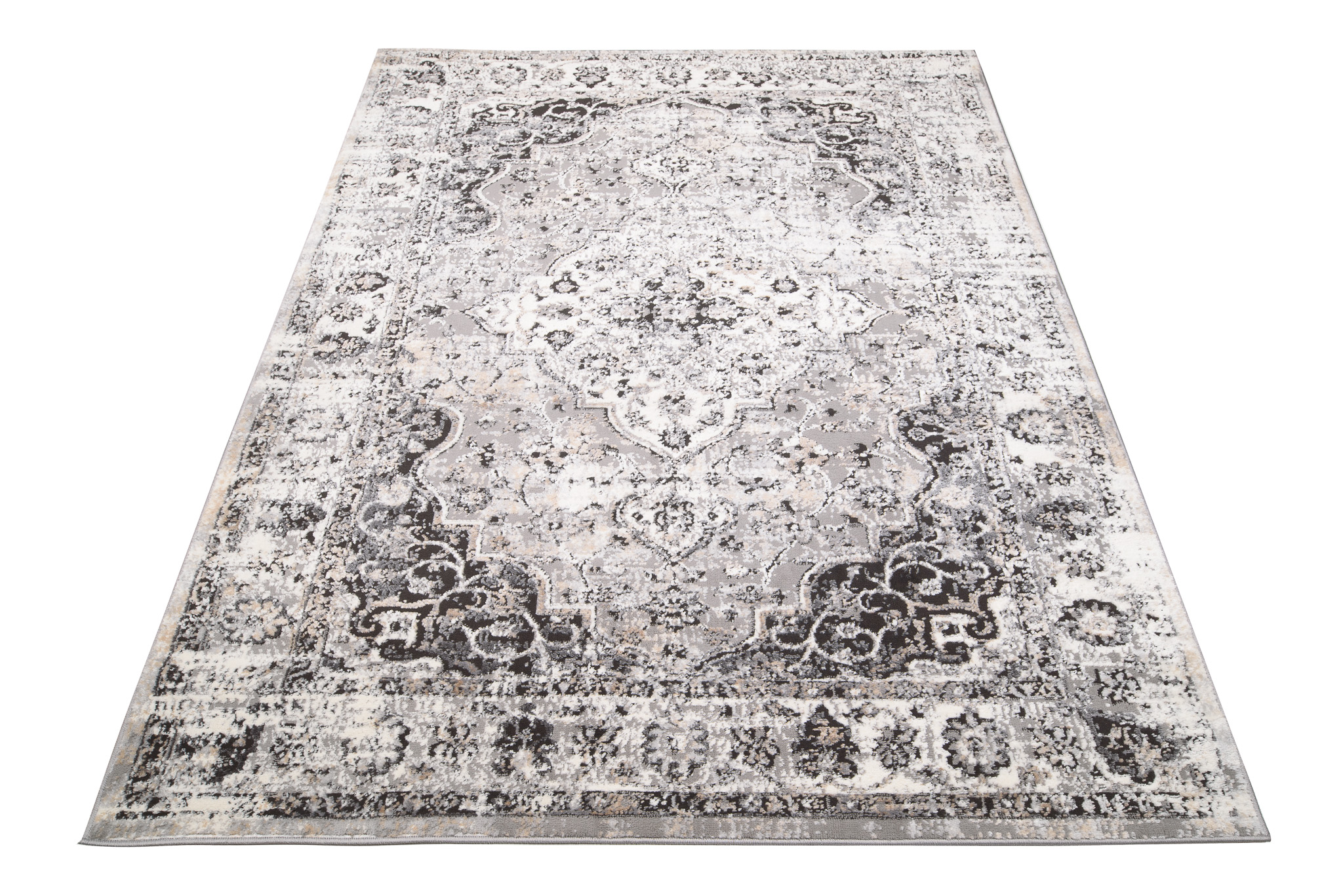 Alfombra salón de pelo corto clásico vintage gris crema flores orientales - Imagen 9 de 30