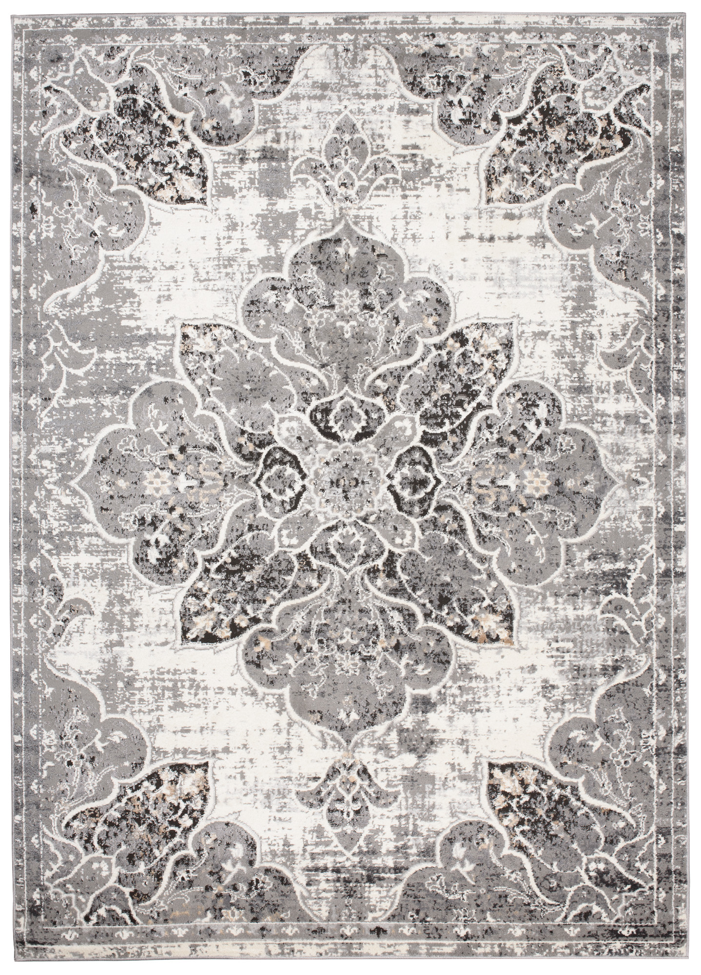 Teppich Kurzflor Grau Weiß Blau Vintage Blumen Meliert Verwischt Wohnzimmer - Bild 3 von 32