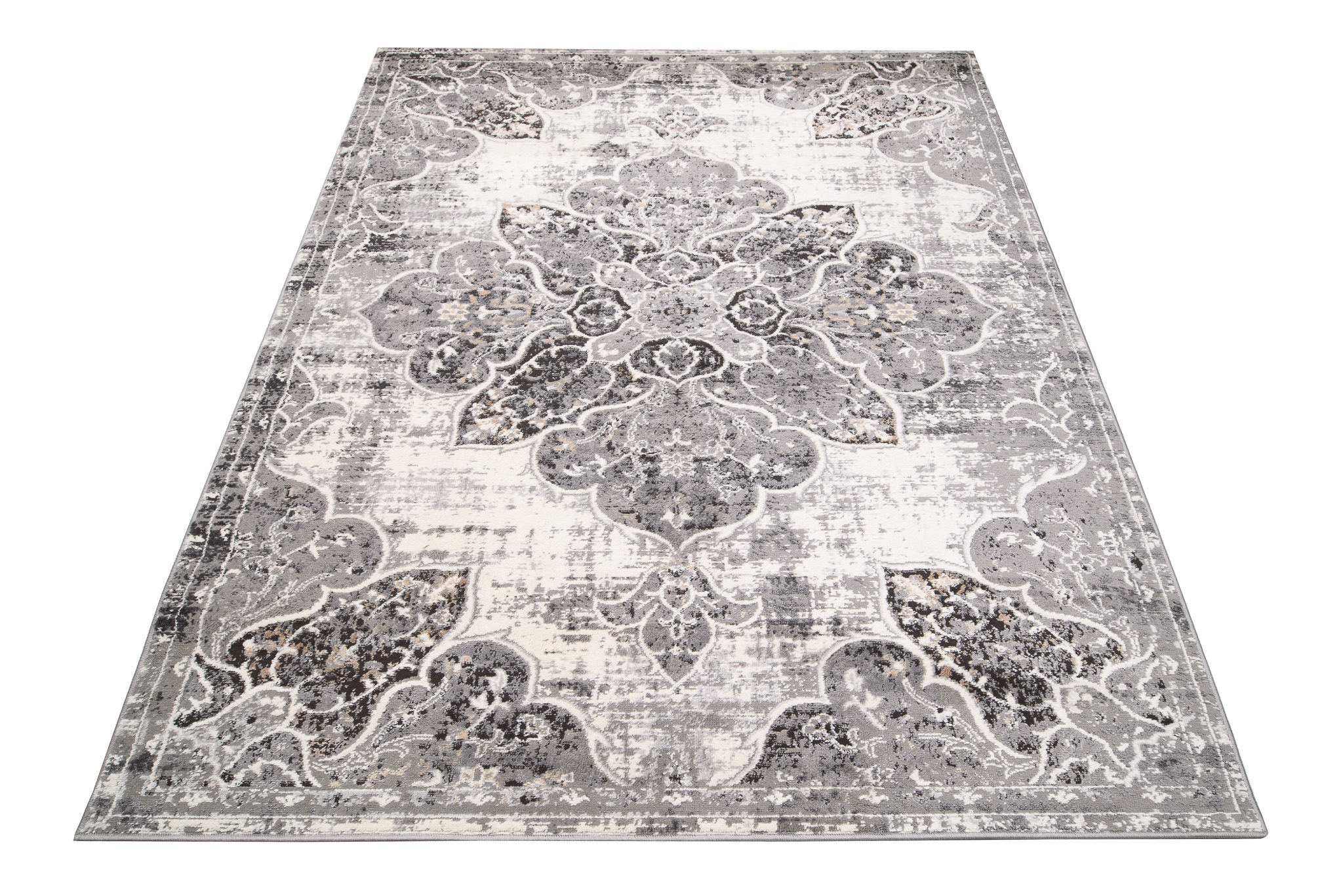 Teppich Kurzflor Grau Weiß Blau Vintage Blumen Meliert Verwischt Wohnzimmer - Bild 9 von 32