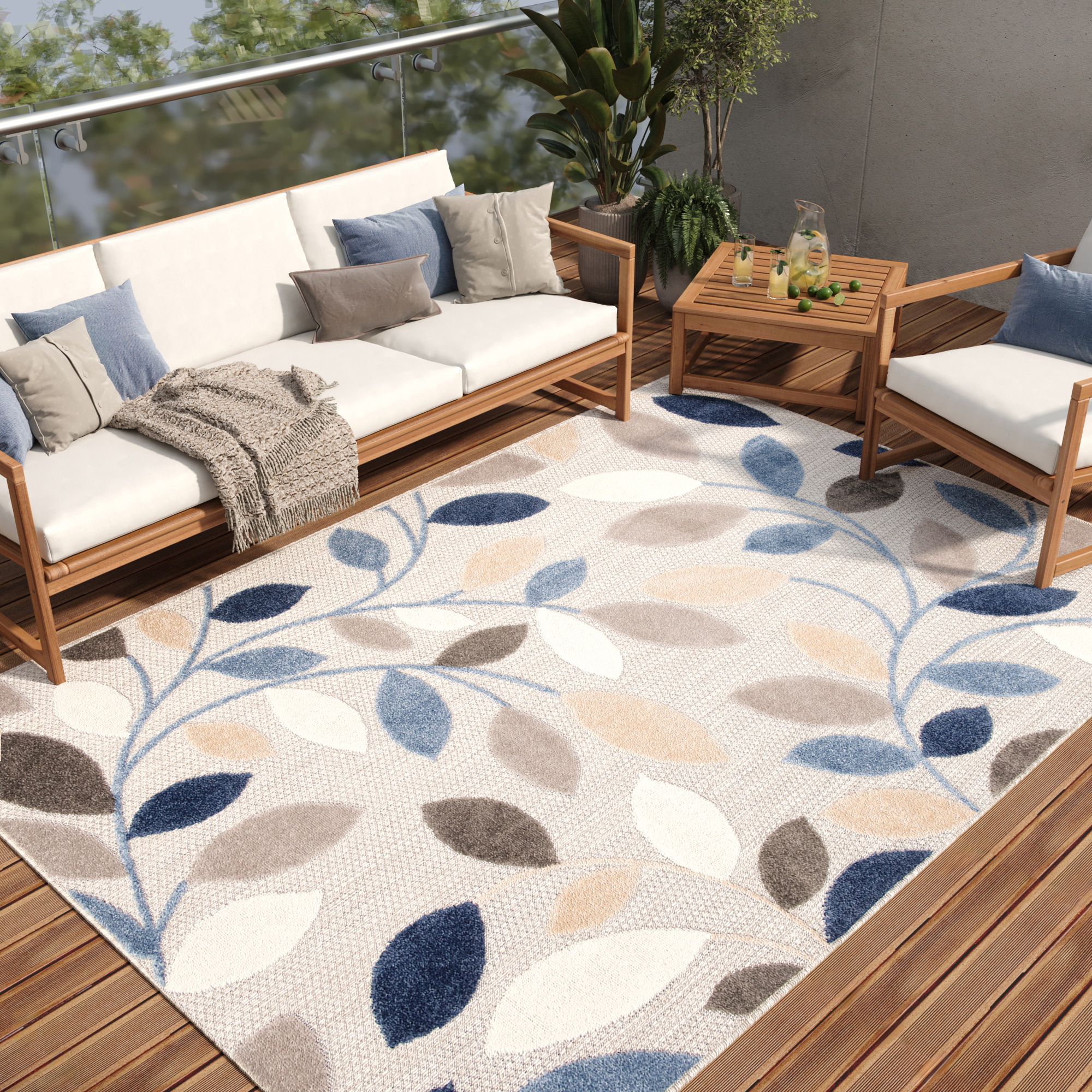 Alfombra interior exterior gris hojas aspecto sisal resistente a la intemperie terraza salón - Imagen 2 de 21