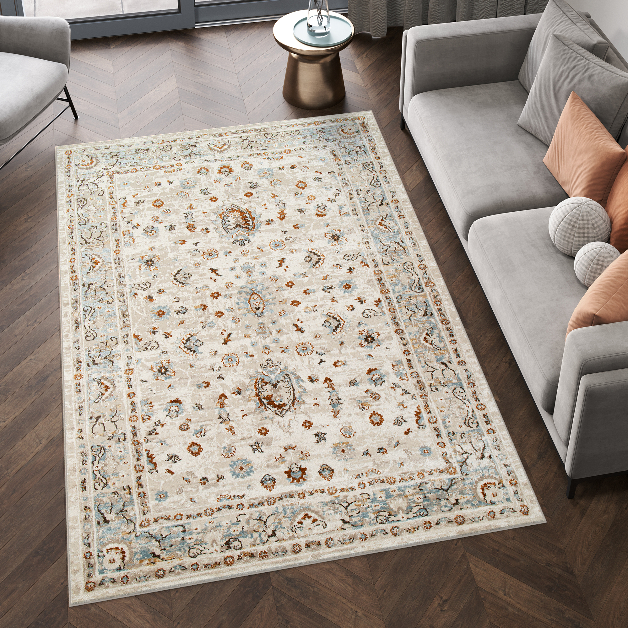 Alfombra de pelo corto clásico patrón floral adorno beige gris salón ECOTEX - Imagen 10 de 33
