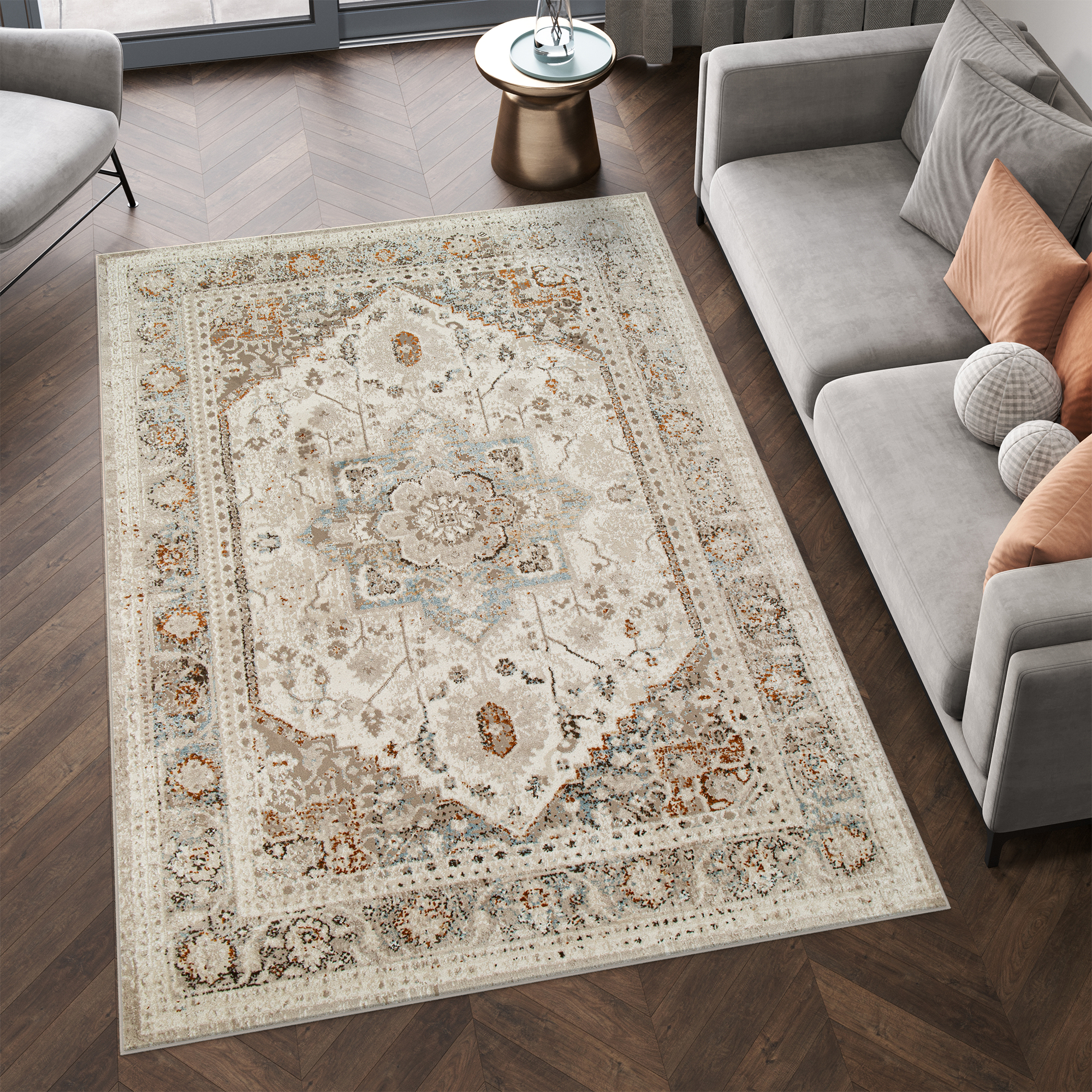 Alfombra de pelo corto clásico patrón floral adorno beige gris salón ECOTEX - Imagen 18 de 33