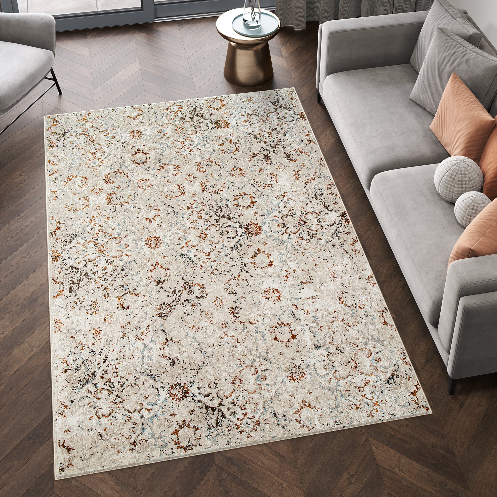 Alfombra de pelo corto clásico patrón floral adorno beige gris salón ECOTEX - Imagen 26 de 33