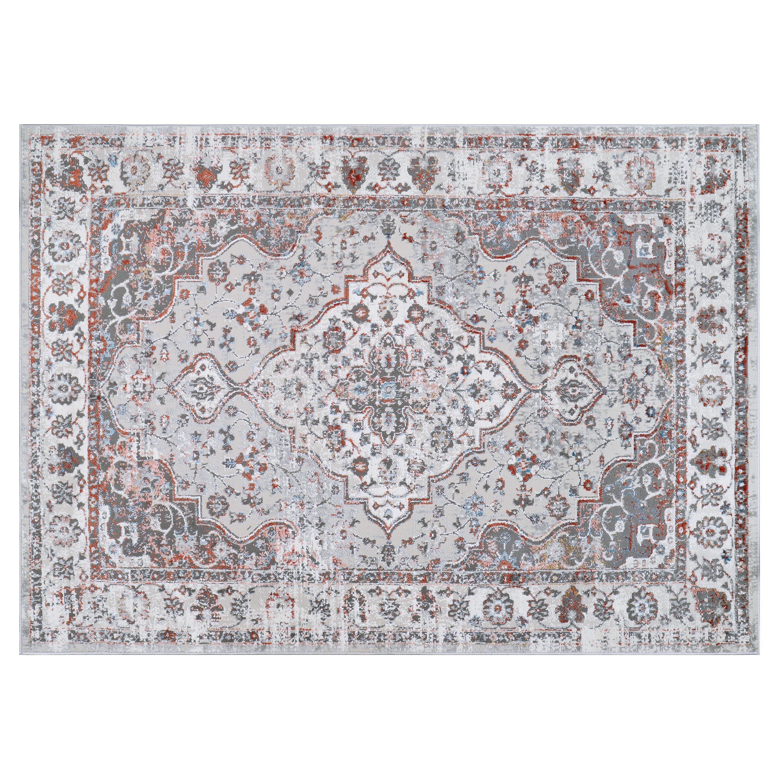 Alfombra salón de pelo corto clásico vintage gris crema flores orientales - Imagen 30 de 30