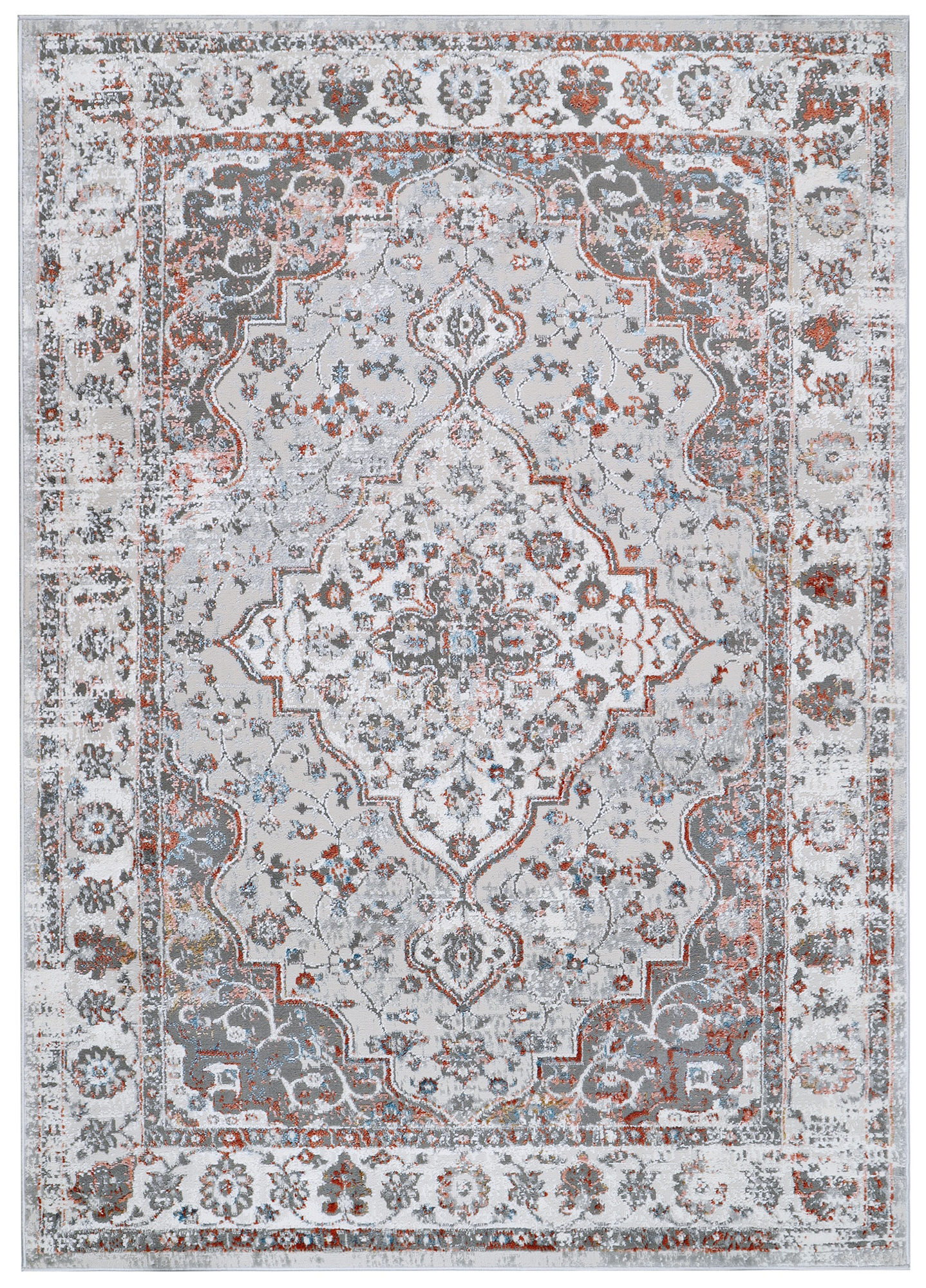 Alfombra salón de pelo corto clásico vintage gris crema flores orientales - Imagen 23 de 30