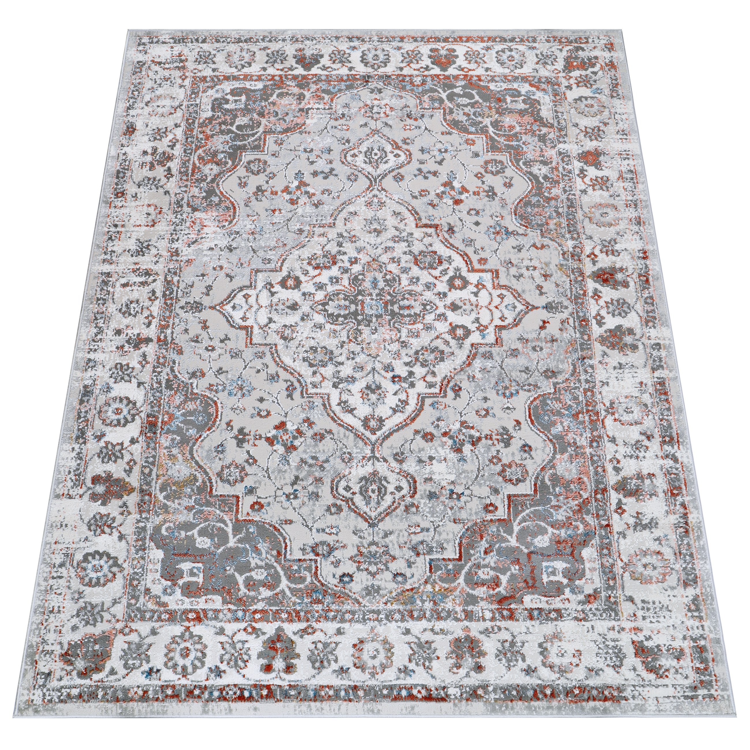 Alfombra salón de pelo corto clásico vintage gris crema flores orientales - Imagen 29 de 30