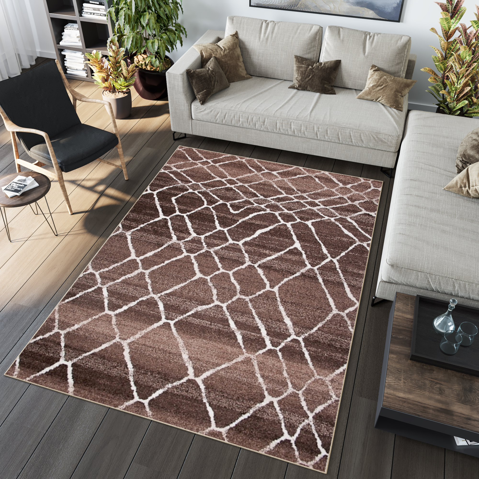 Alfombra de pelo corto moderno marrón patrón geométrico rayas figuras salón - Imagen 38 de 45