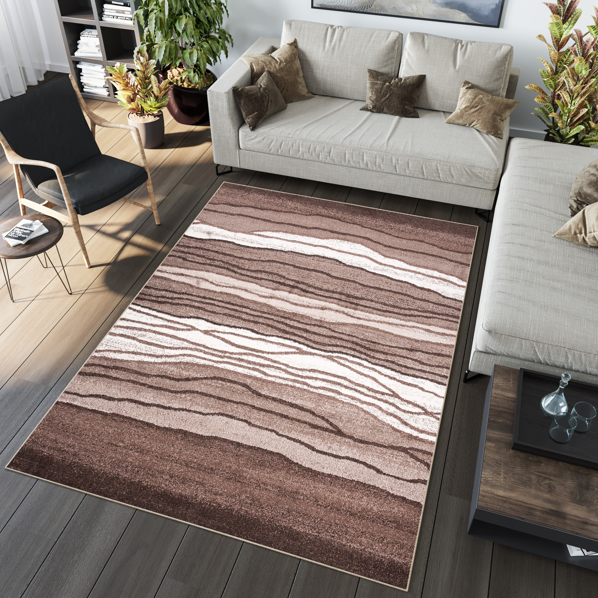 Alfombra de pelo corto moderno marrón patrón geométrico rayas figuras salón - Imagen 39 de 45