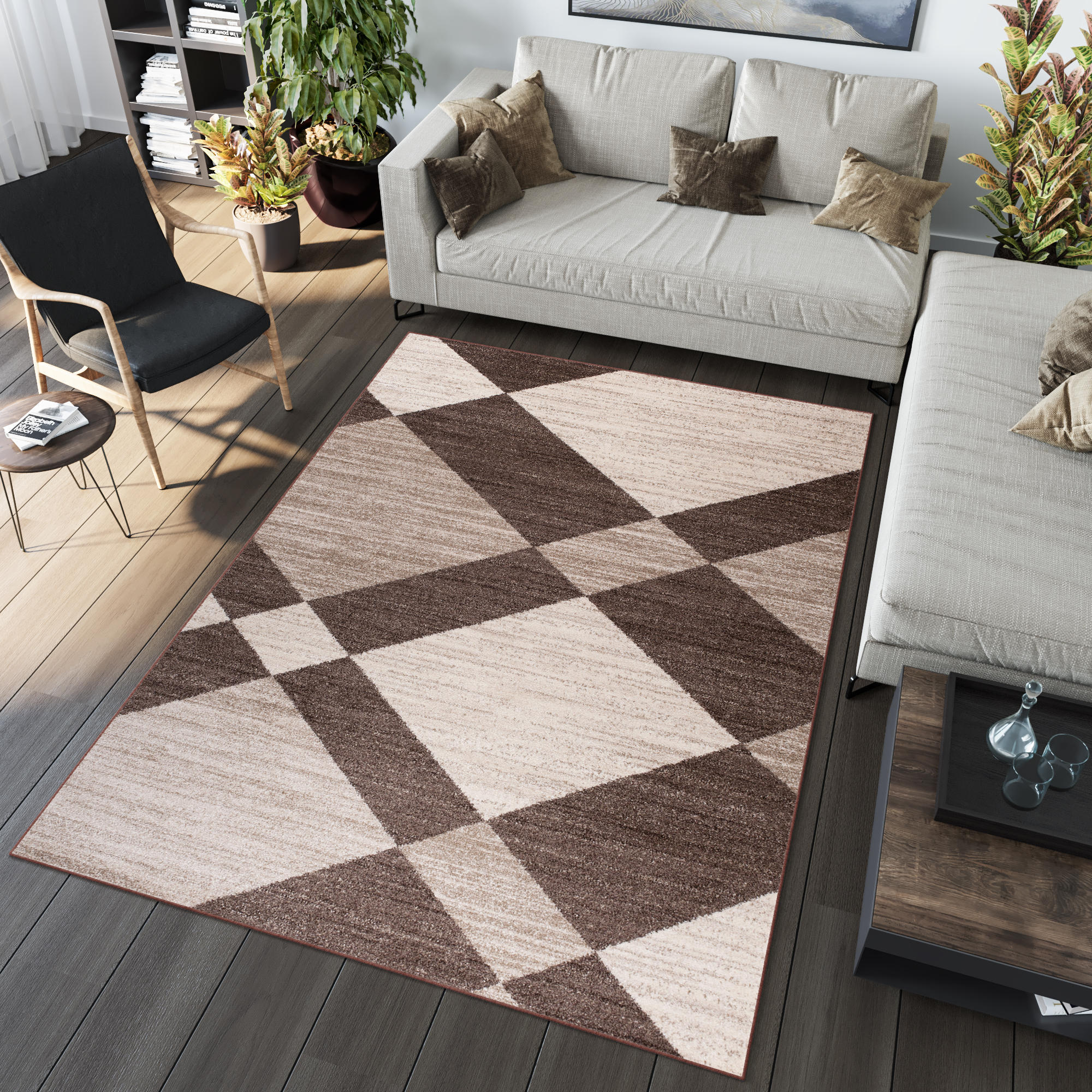 Alfombra de pelo corto moderno marrón patrón geométrico rayas figuras salón - Imagen 16 de 45