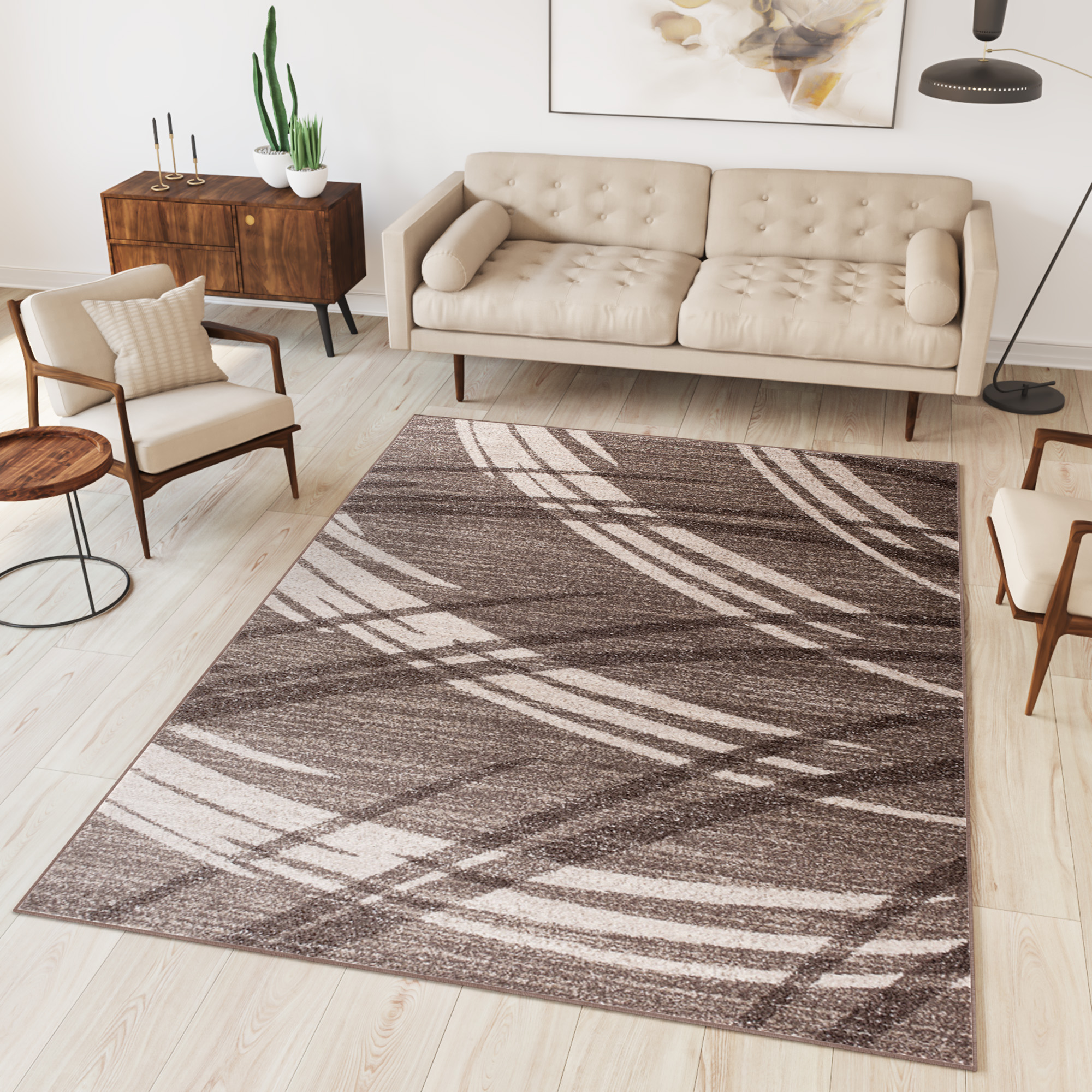 Alfombra de pelo corto moderno marrón patrón geométrico rayas figuras salón - Imagen 23 de 45