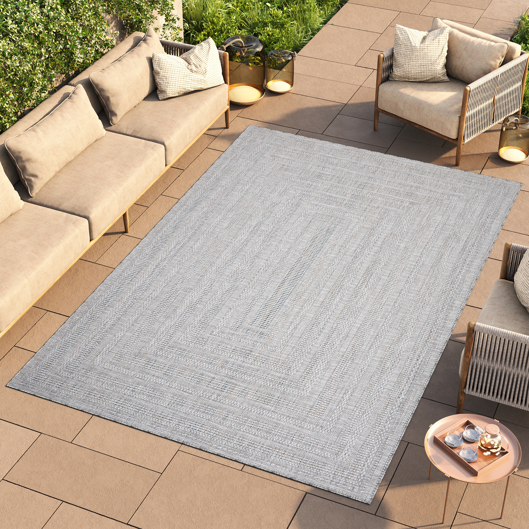 Tappeto outdoor soggiorno grigio foglie motivo balcone effetto sisal moderno - Foto 2 di 28