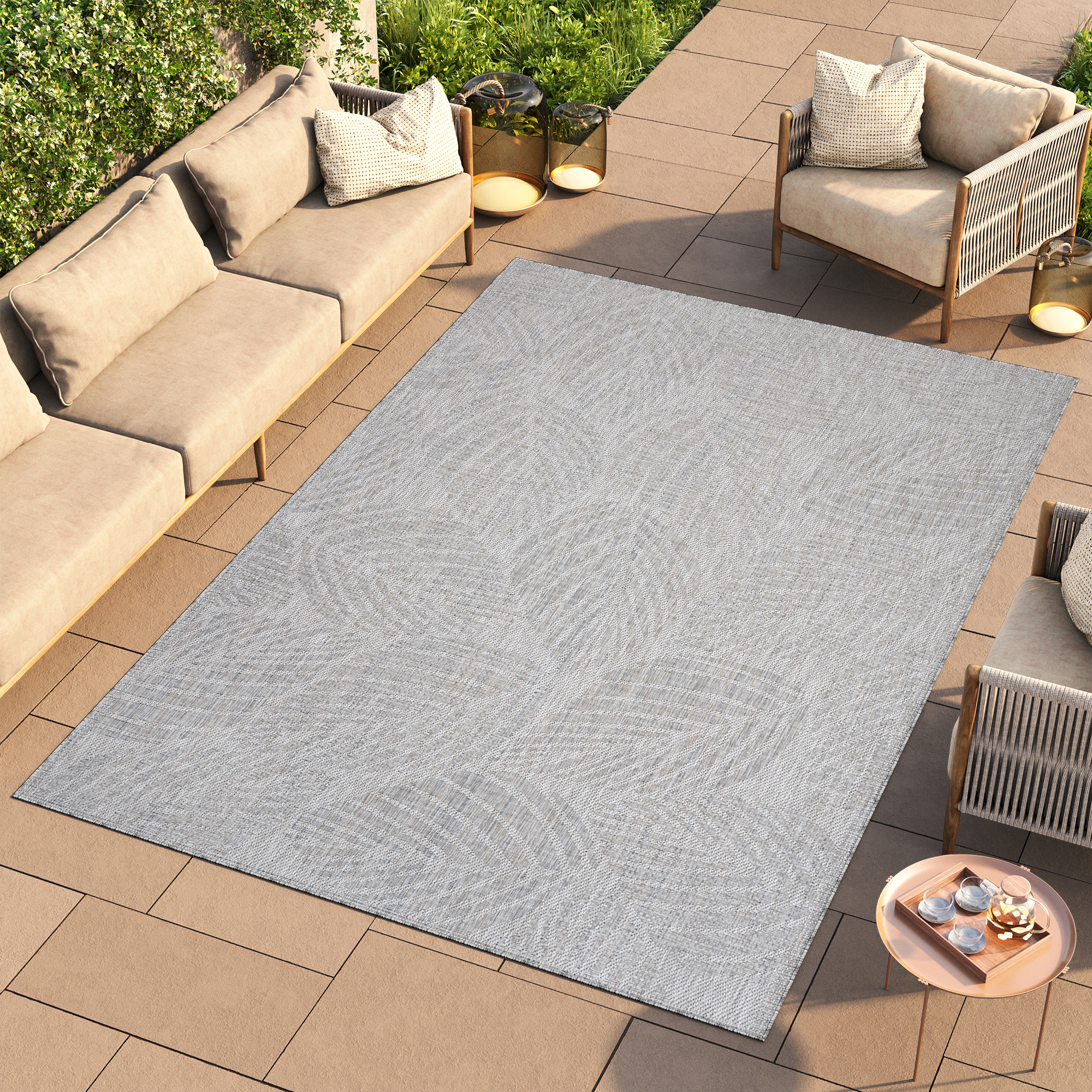 Tappeto outdoor soggiorno grigio foglie motivo balcone effetto sisal moderno - Foto 11 di 28