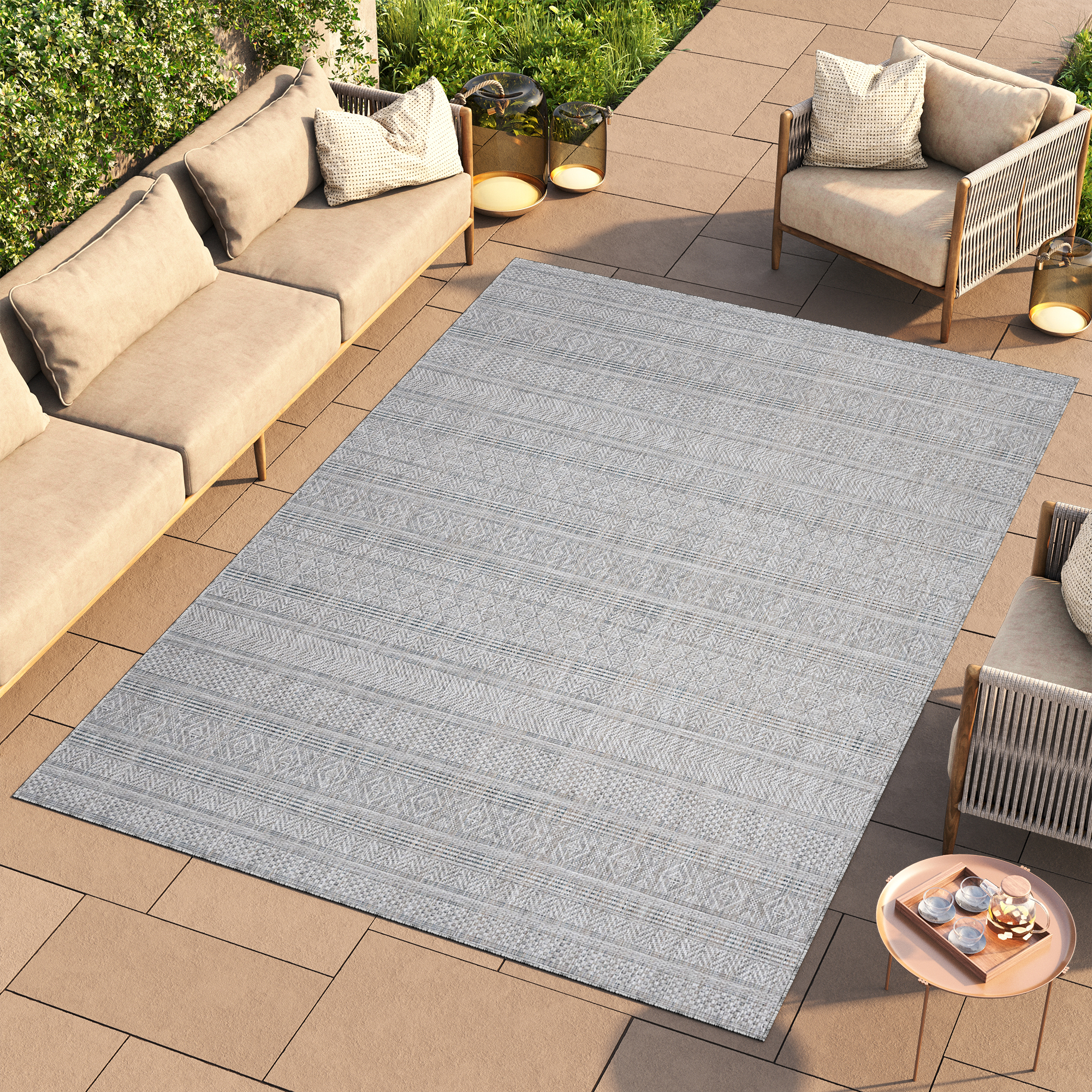 Tappeto outdoor soggiorno grigio foglie motivo balcone effetto sisal moderno - Foto 20 di 28