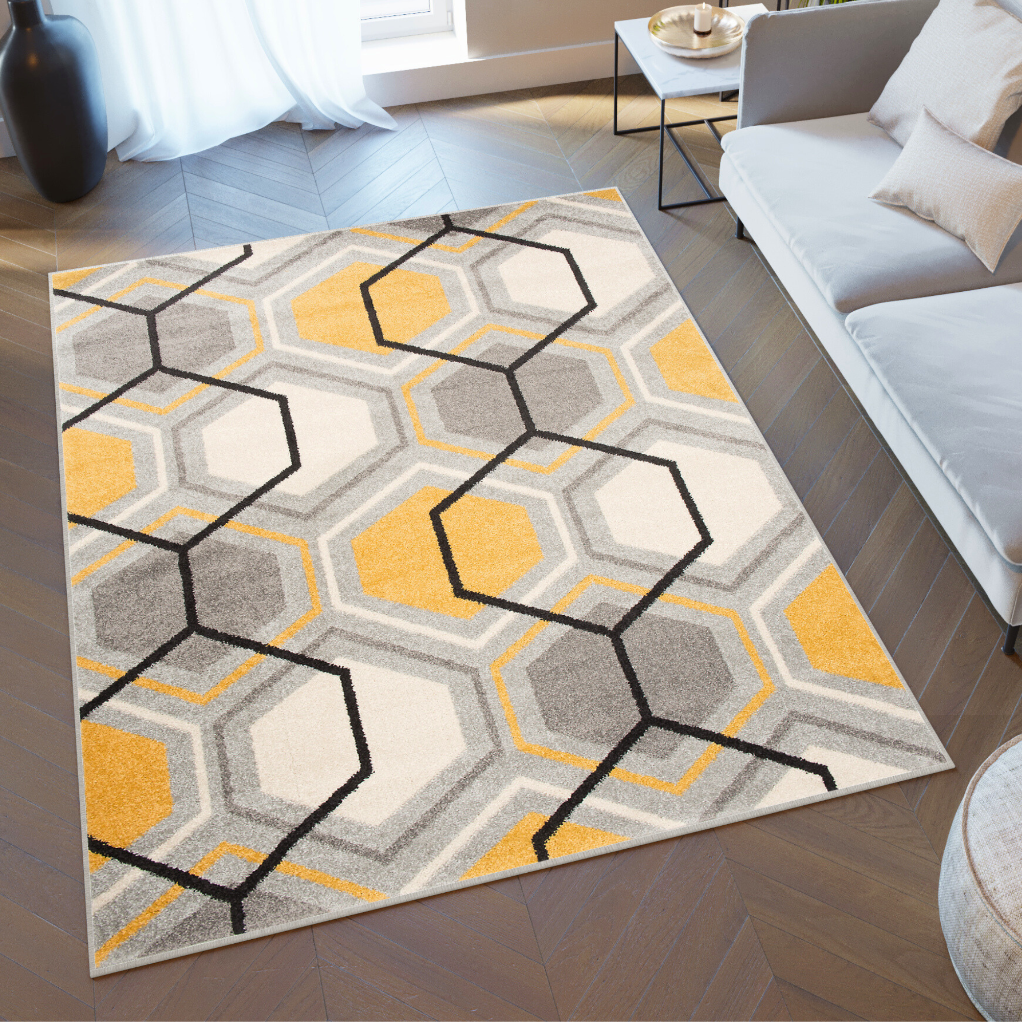 Alfombra salón de pelo corto patrón geométrico moderno gris crema diseño amarillo - Imagen 10 de 17