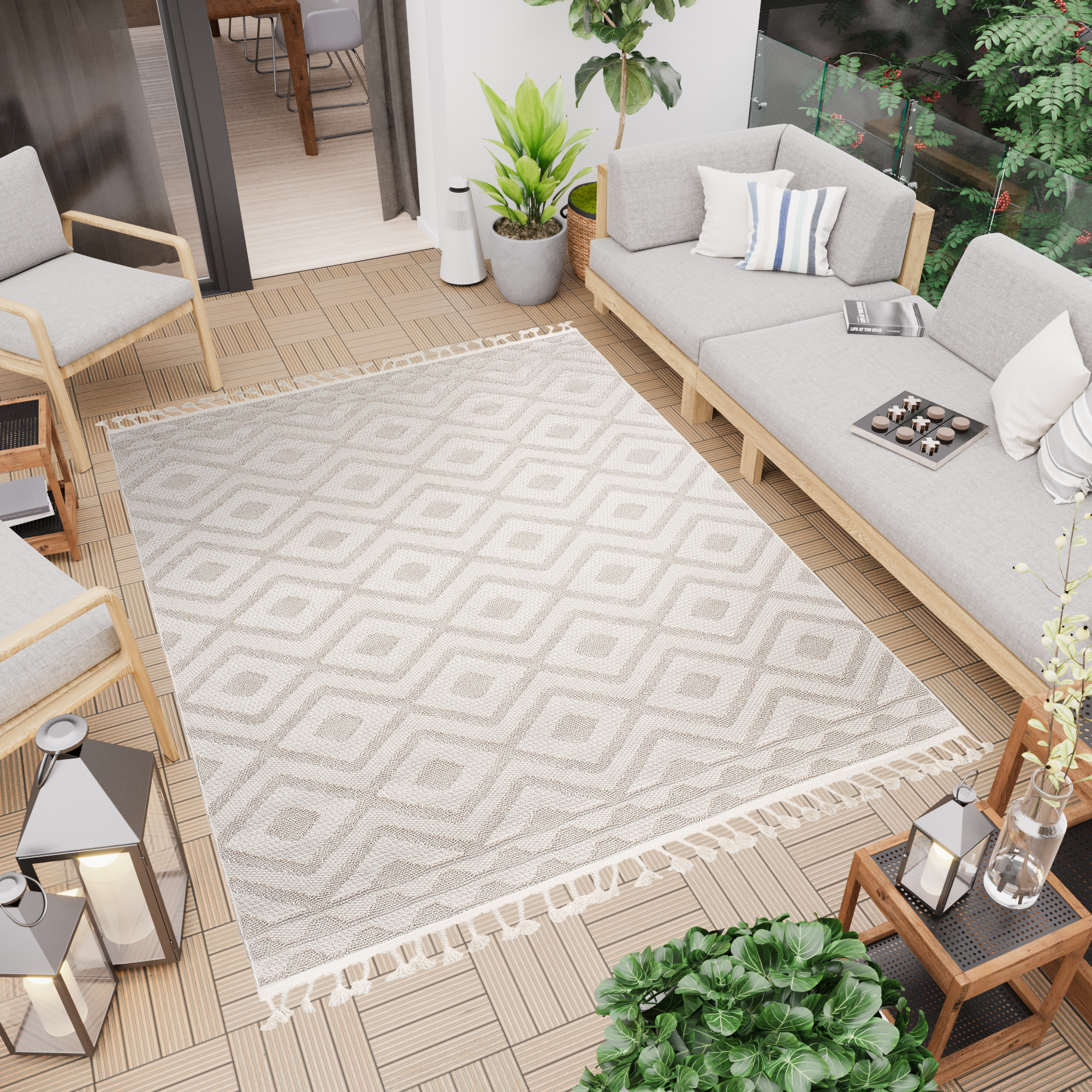 Alfombra Tela Plana 3D Estructura Interior Exterior Beige Flecos Terraza Balcón - Imagen 2 de 11
