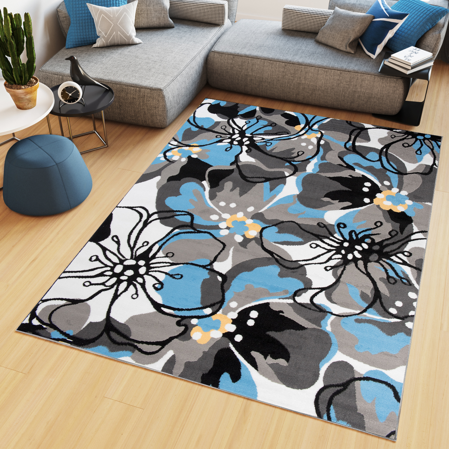 Teppich Modern Floral Blumenmuster Design Wohnzimmer Schlafzimmer Grau Blau NEU 