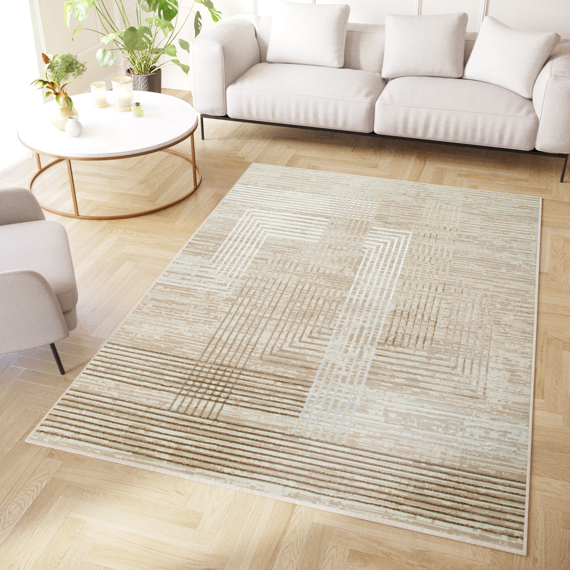 Teppich Kurzflor Beige Grau Modern Glänzend Geometrisch 3D Effekt  Wohnzimmer | eBay