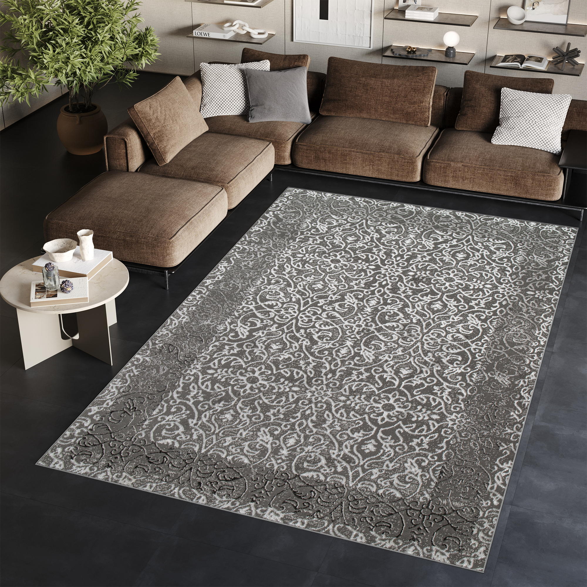 Teppich Kurzflor Grau Beige Glänzend Rahmen Floral Klassisch 3D Effekt ÖKOTEX - Bild 2 von 25