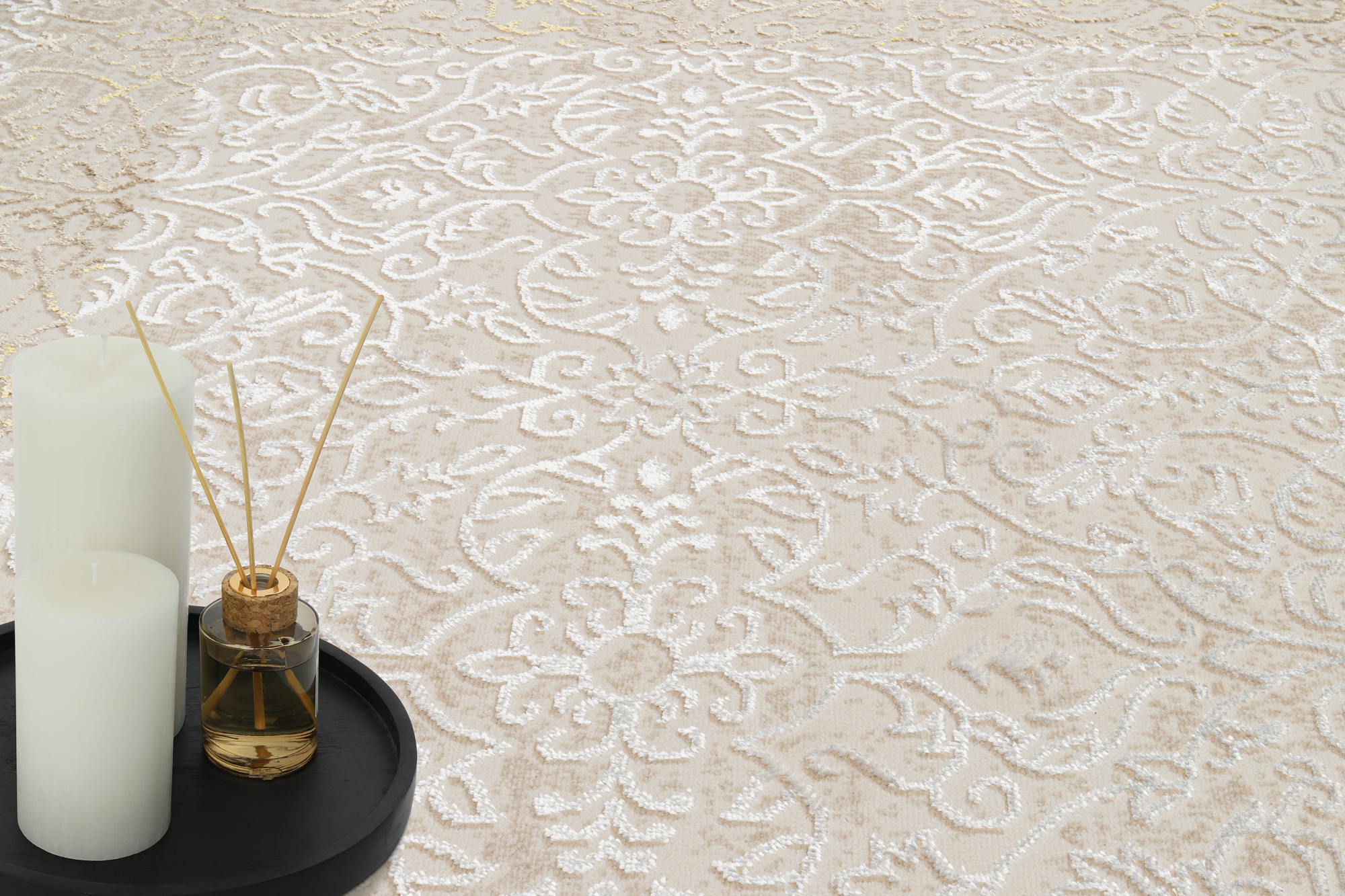 Teppich Kurzflor Grau Beige Glänzend Rahmen Floral Klassisch 3D Effekt ÖKOTEX - Bild 10 von 25