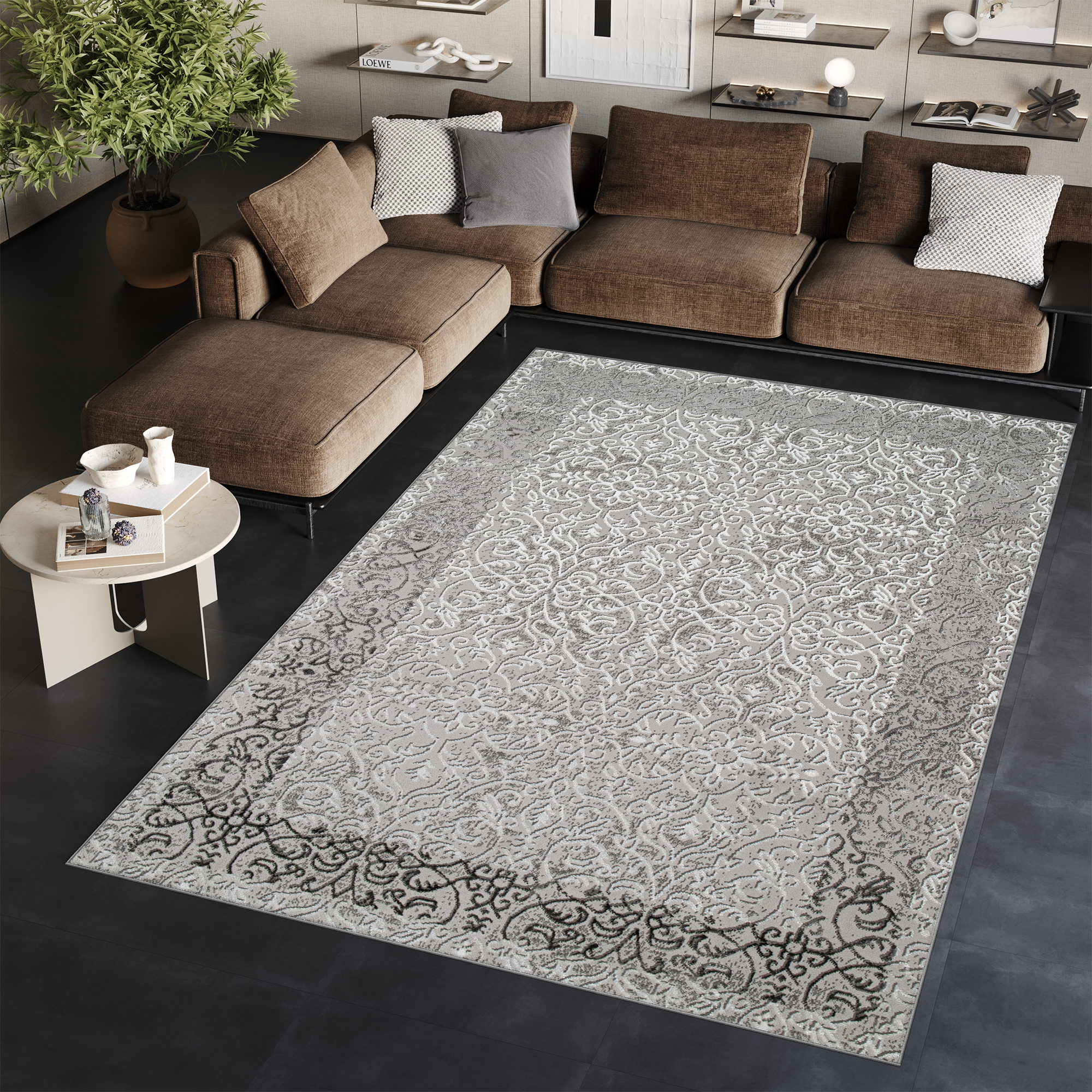 Teppich Kurzflor Grau Beige Glänzend Rahmen Floral Klassisch 3D Effekt ÖKOTEX - Bild 14 von 25