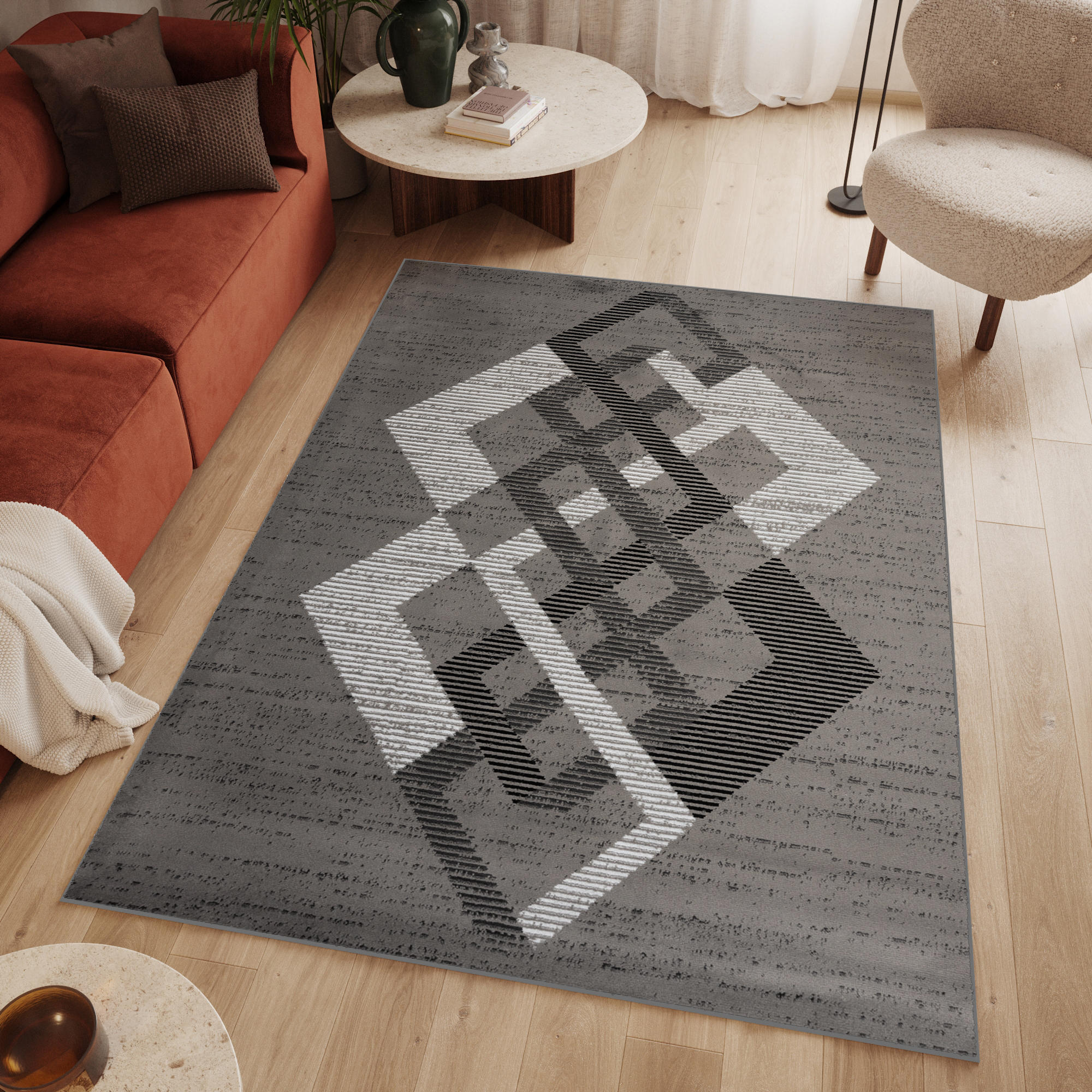 Tappeto 200x300 soggiorno pelo corto grigio moderno motivo geometrico ÖKOTEX - Foto 32 di 41