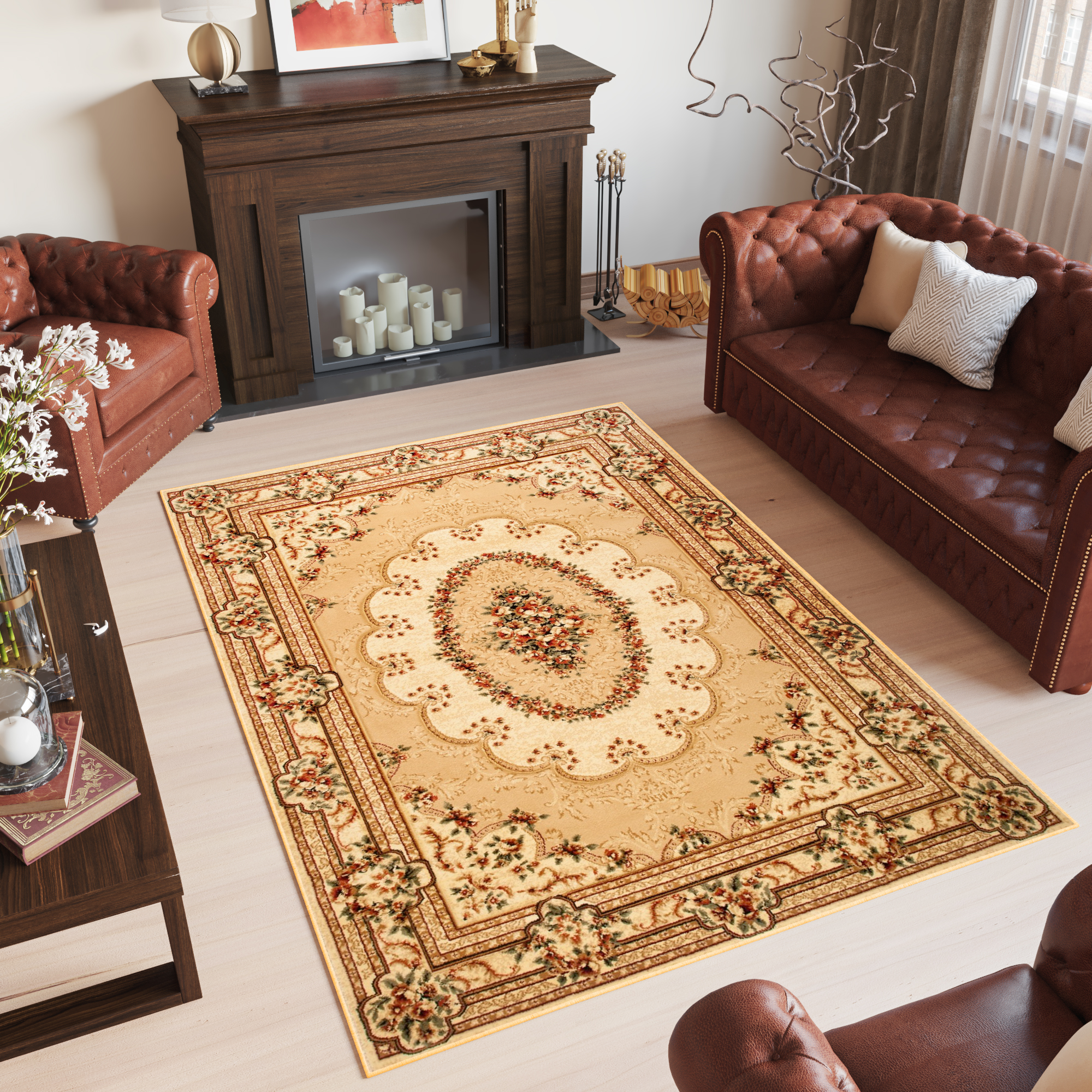 Alfombra clásica sala de estar de pelo corto patrón medallón marrón beige crema ECOTEX - Imagen 9 de 26