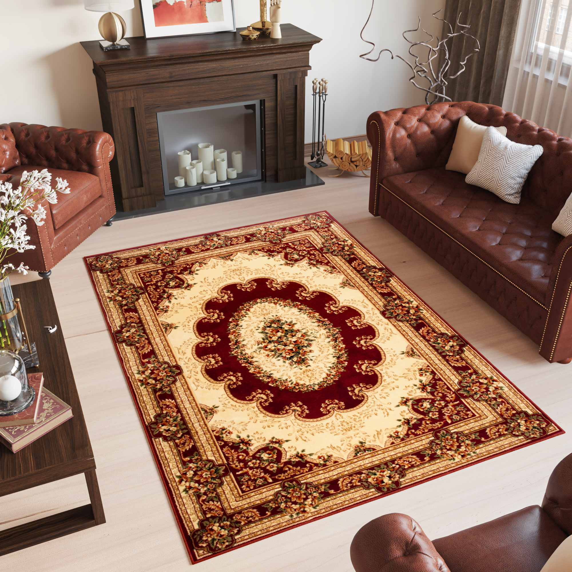 Alfombra clásica sala de estar de pelo corto patrón medallón marrón beige crema ECOTEX - Imagen 21 de 26
