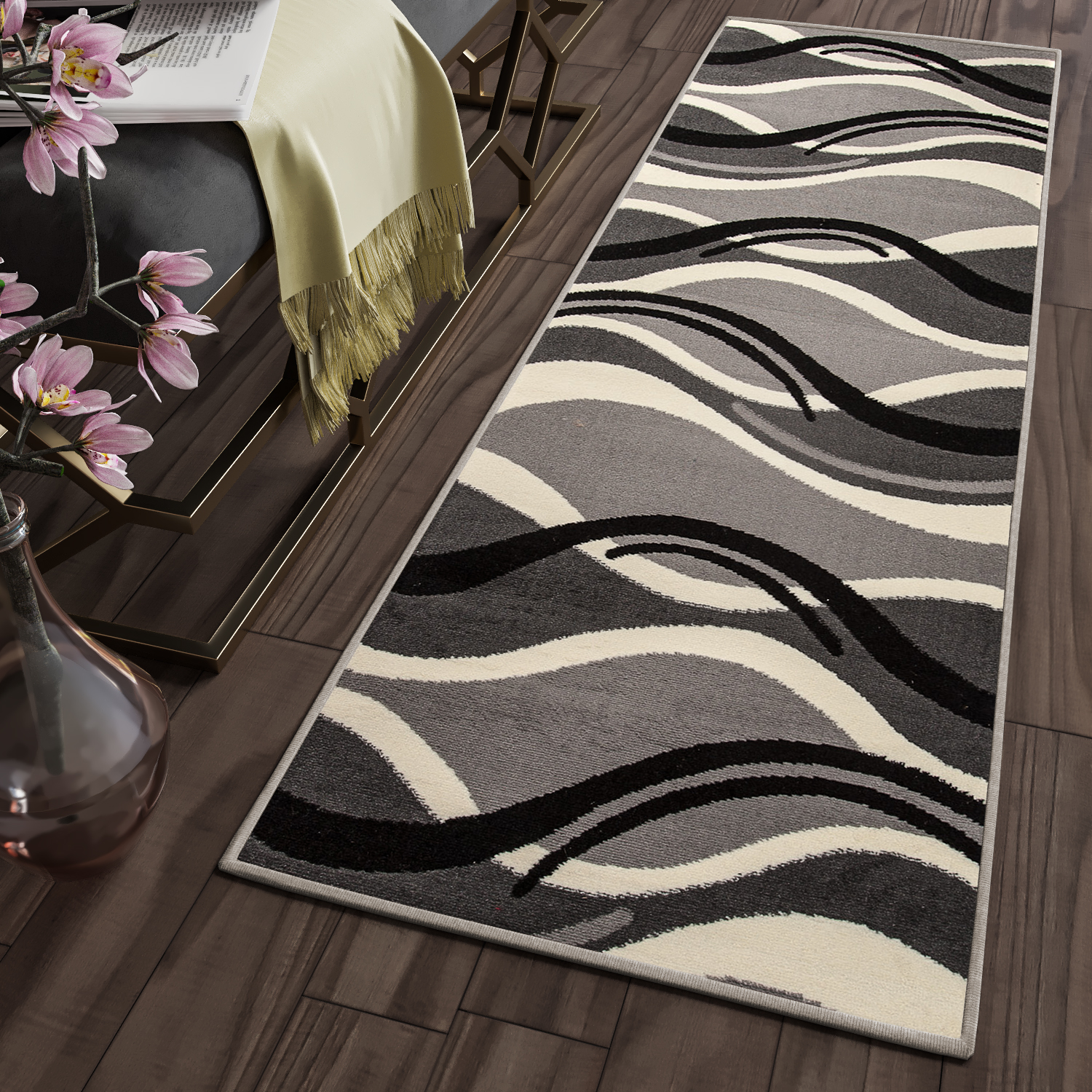 Grau | Teppich Kurzflor Wohnzimmer Modern Muster Abstrakt Wellen Läufer eBay NEU Flur